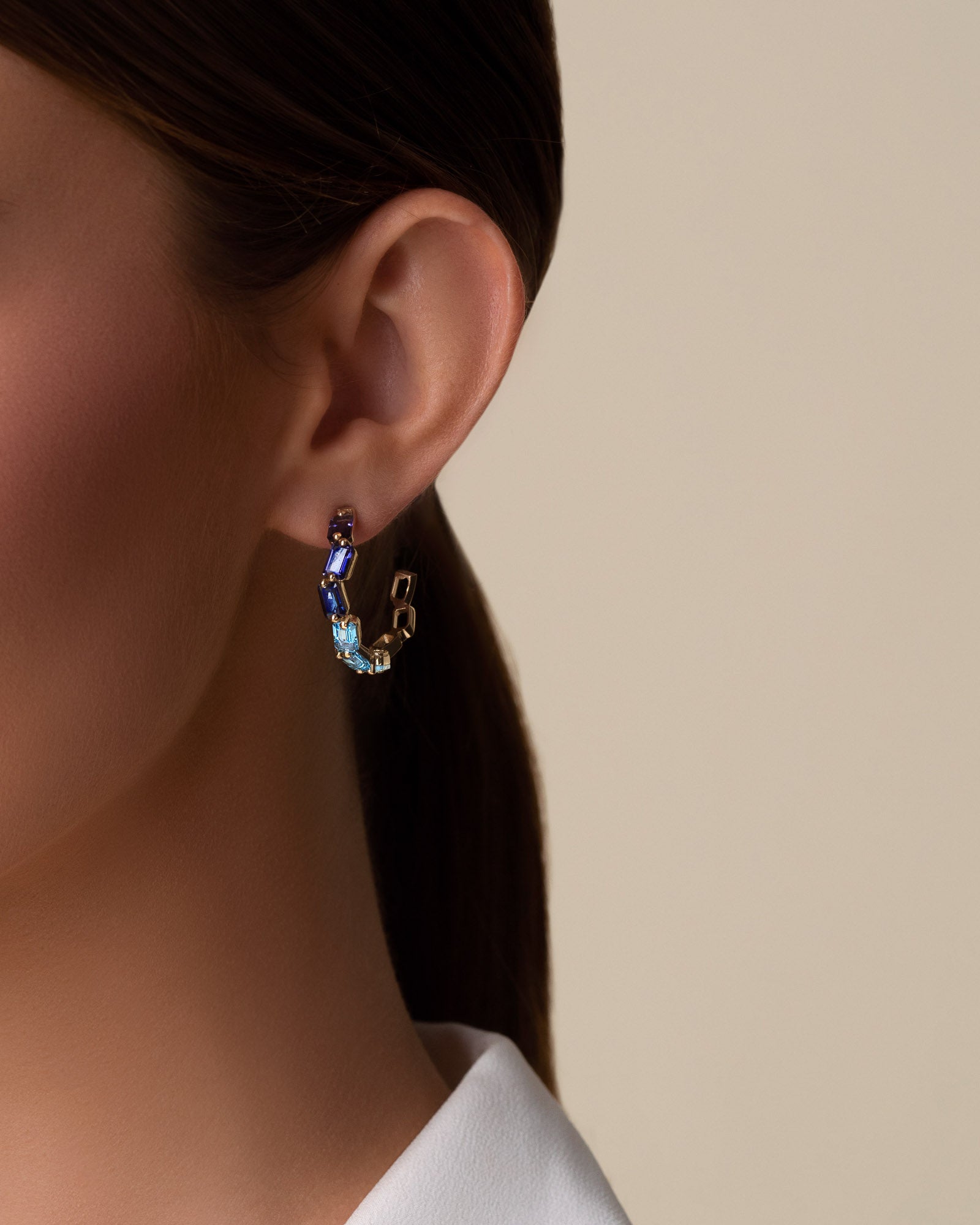 Kalan By Suzanne Kalan Ann Emerald Cut Dark Blue Ombre Midi Hoops in 14k yellow gold