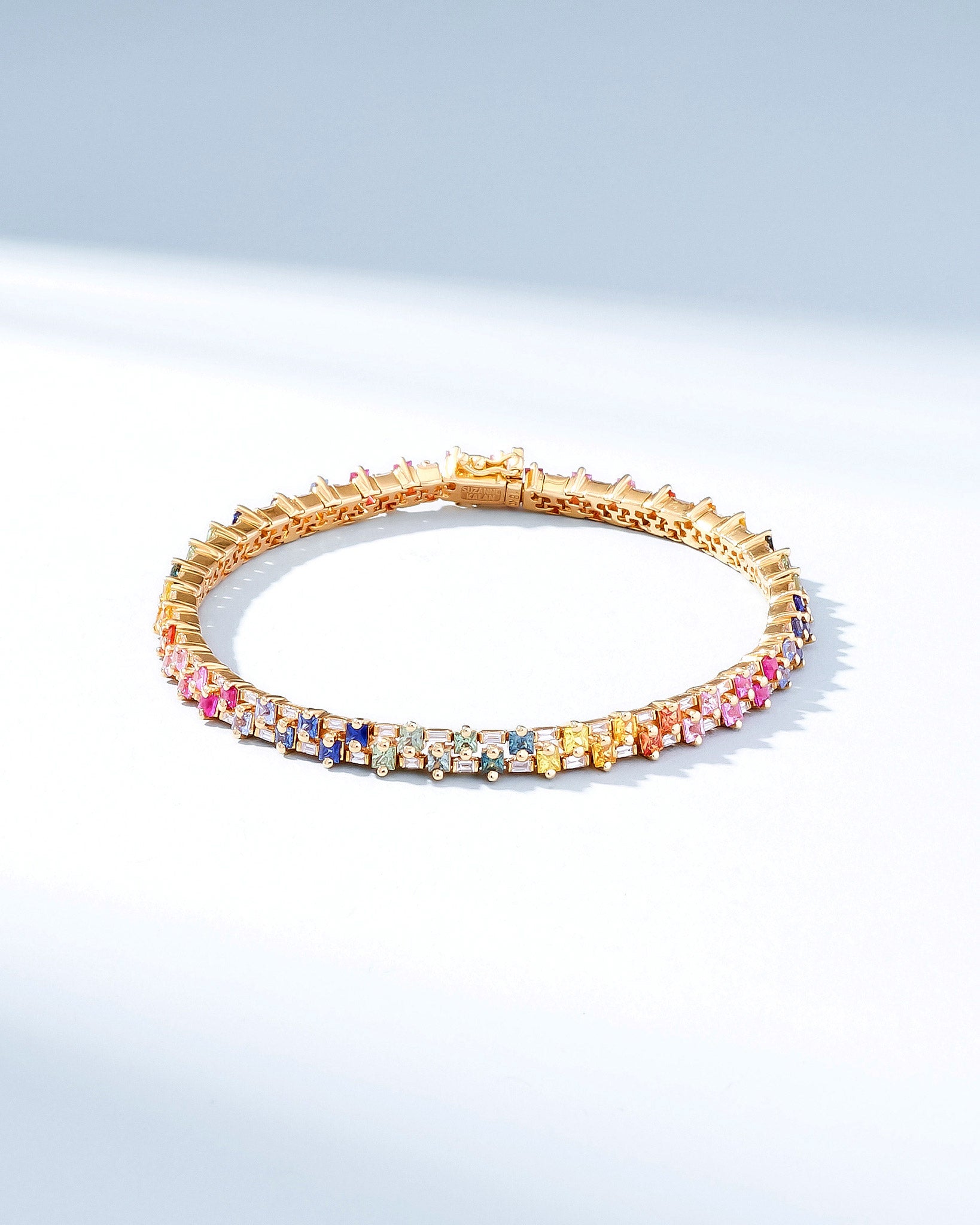 Suzanne Kalan Princess Mini Stack Rainbow Sapphire Tennis Bracelet in 18k yellow gold