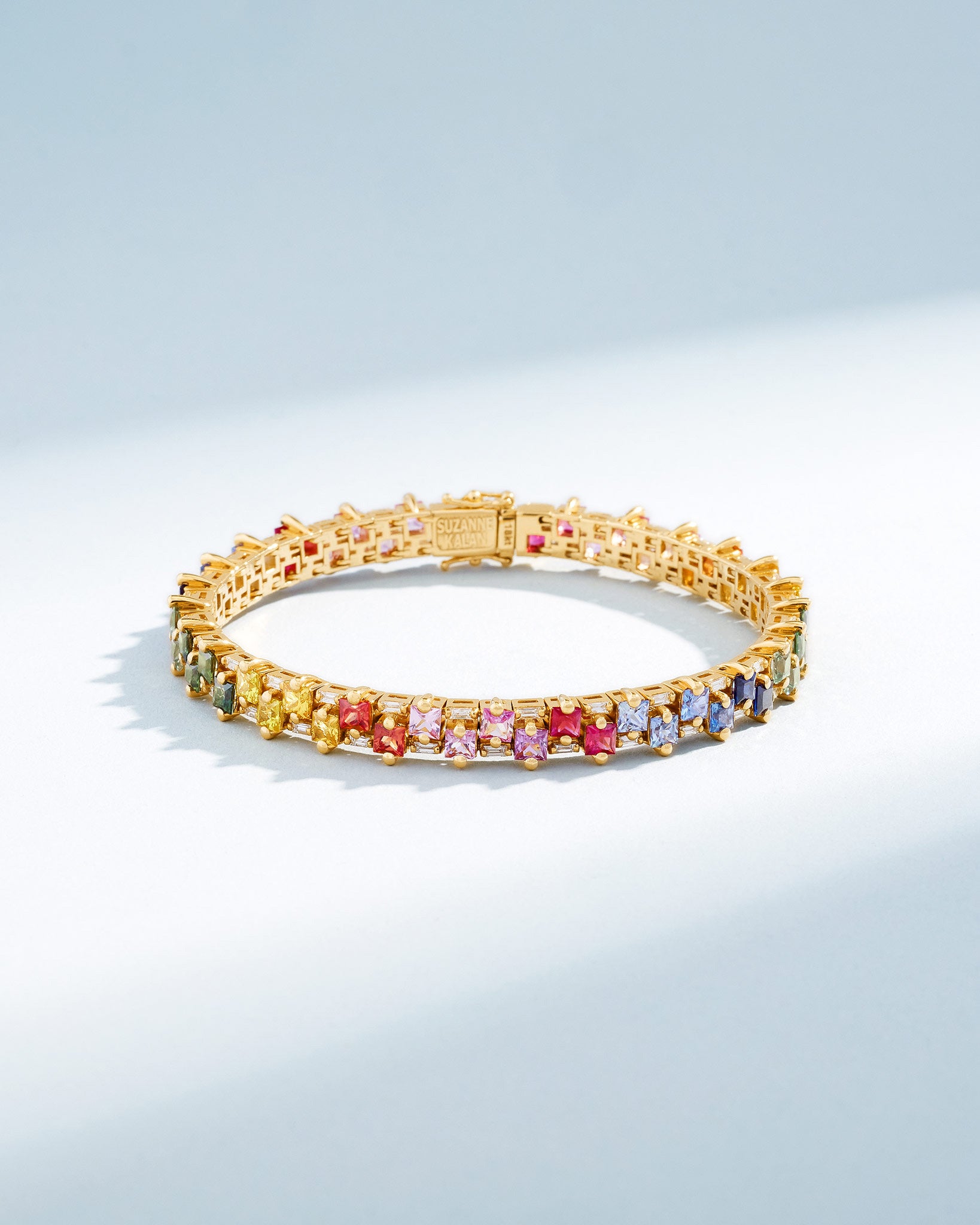 Suzanne Kalan Princess Midi Stack Rainbow Sapphire Tennis Bracelet in 18k yellow gold