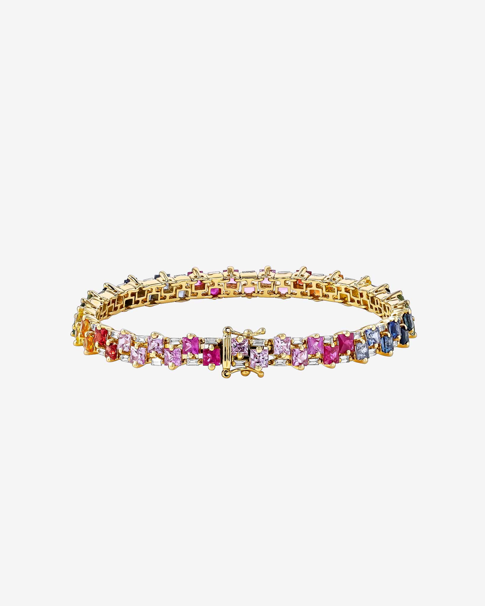 Suzanne Kalan Princess Midi Stack Rainbow Sapphire Tennis Bracelet in 18k yellow gold