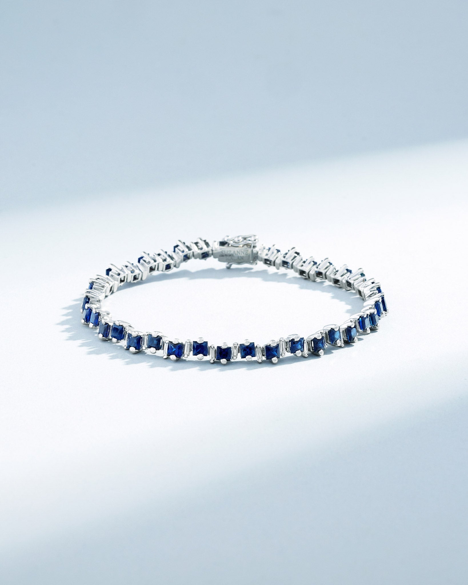 Suzanne Kalan Princess Staggered Dark Blue Sapphire Tennis Bracelet in 18k white gold