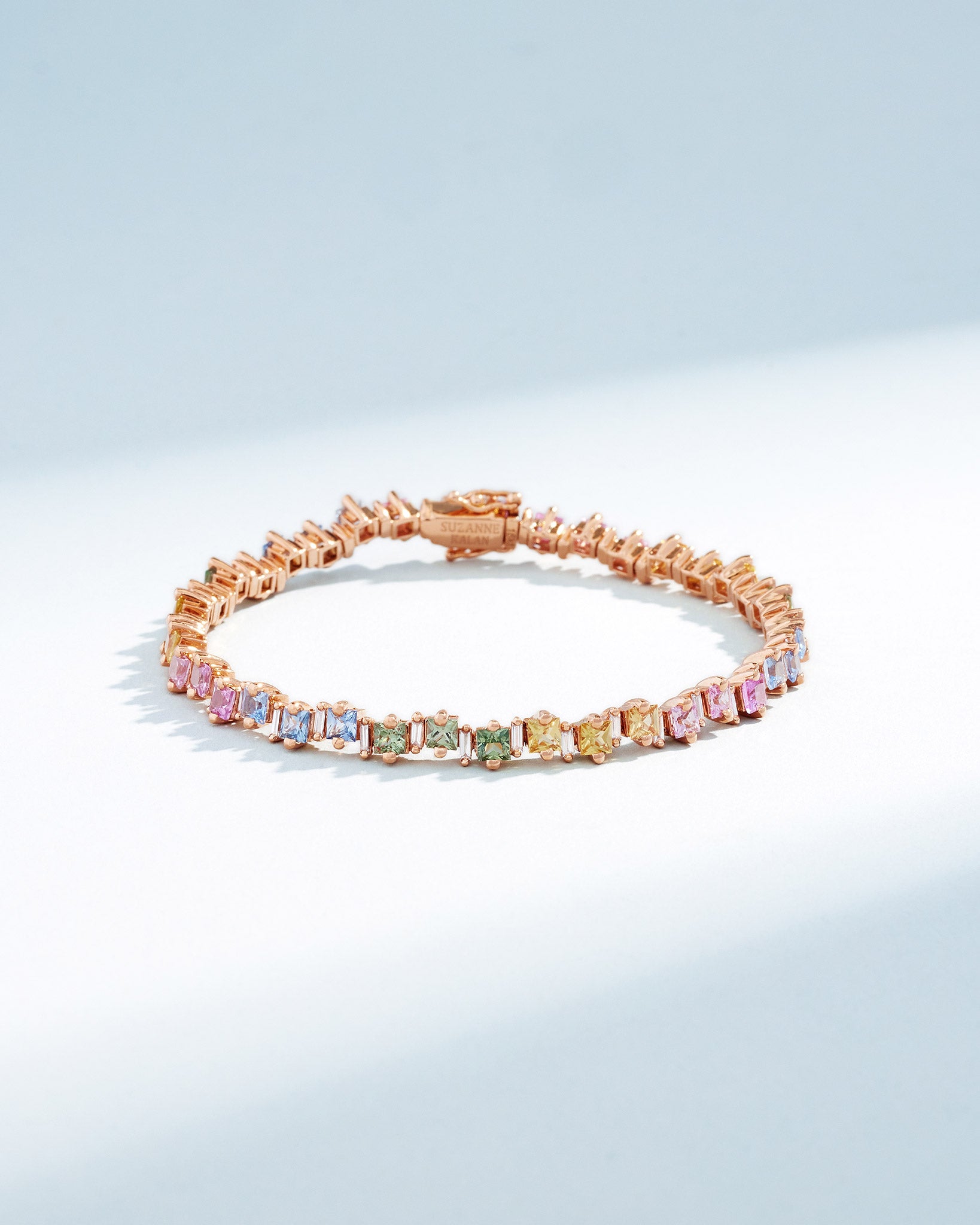 Suzanne Kalan Princess Staggered Pastel Sapphire Tennis Bracelet in 18k rose gold