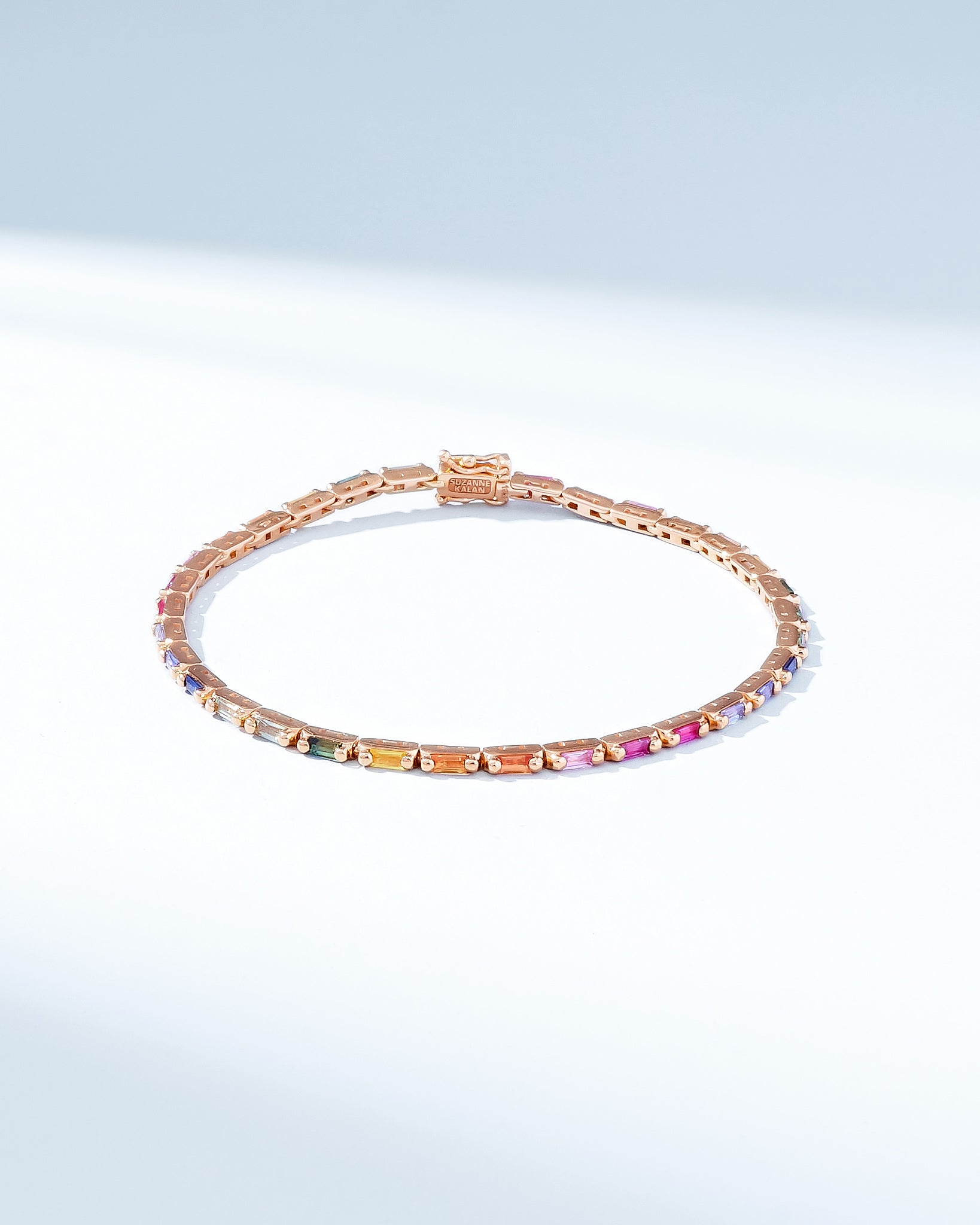 Suzanne Kalan Linear Rainbow Sapphire Tennis Bracelet in 18k rose gold