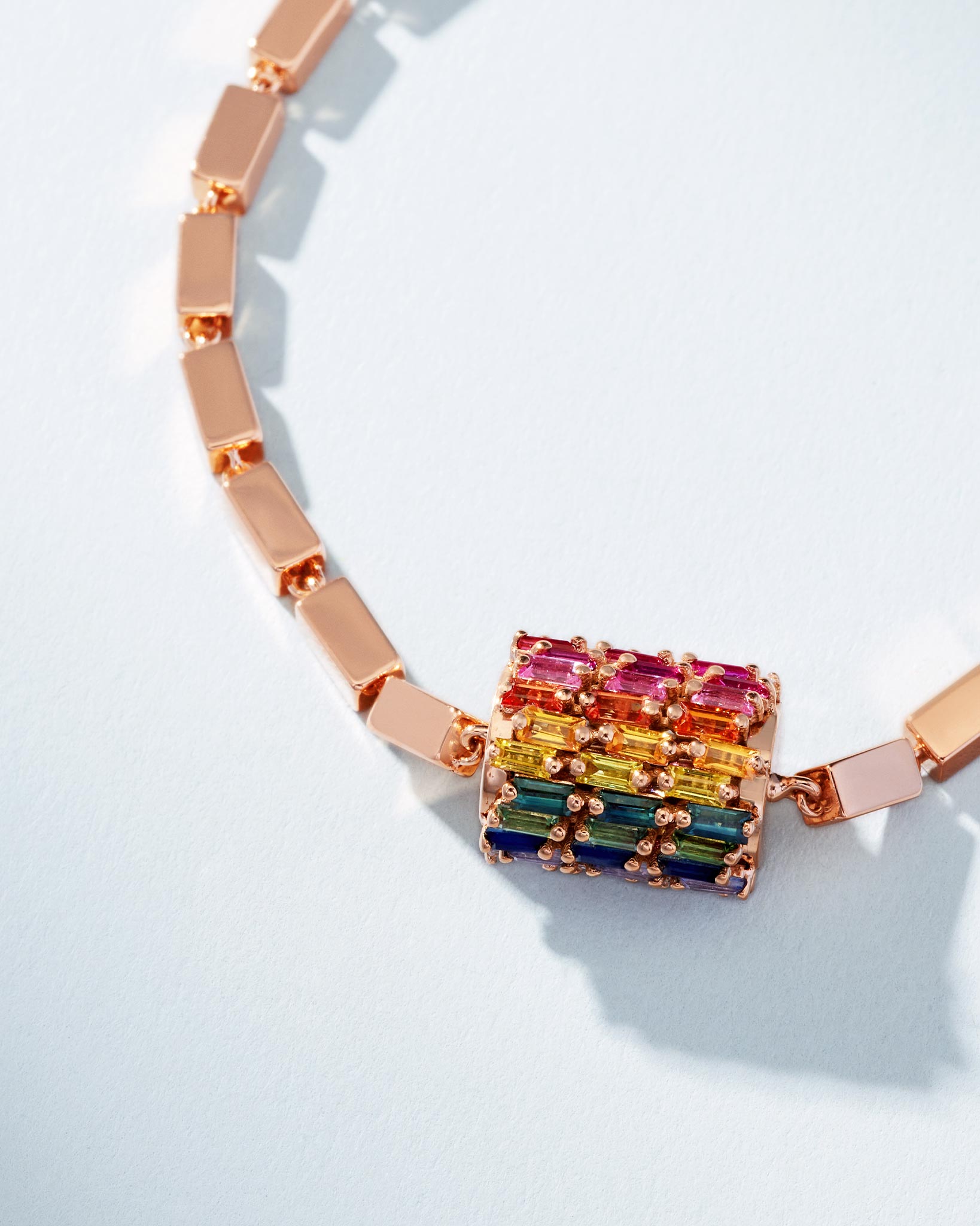 Suzanne Kalan Infinite Triple Row Rainbow Sapphire Thick Block-Chain Bracelet in 18k rose gold