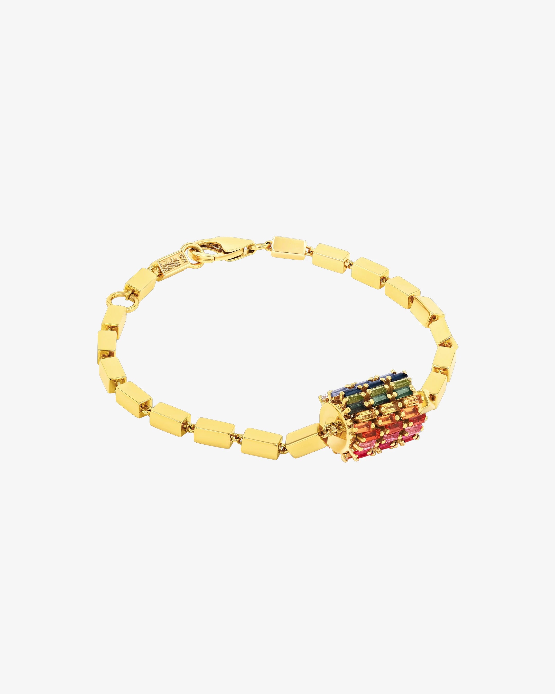Suzanne Kalan Infinite Triple Row Rainbow Sapphire Thick Block-Chain Bracelet in 18k yellow gold