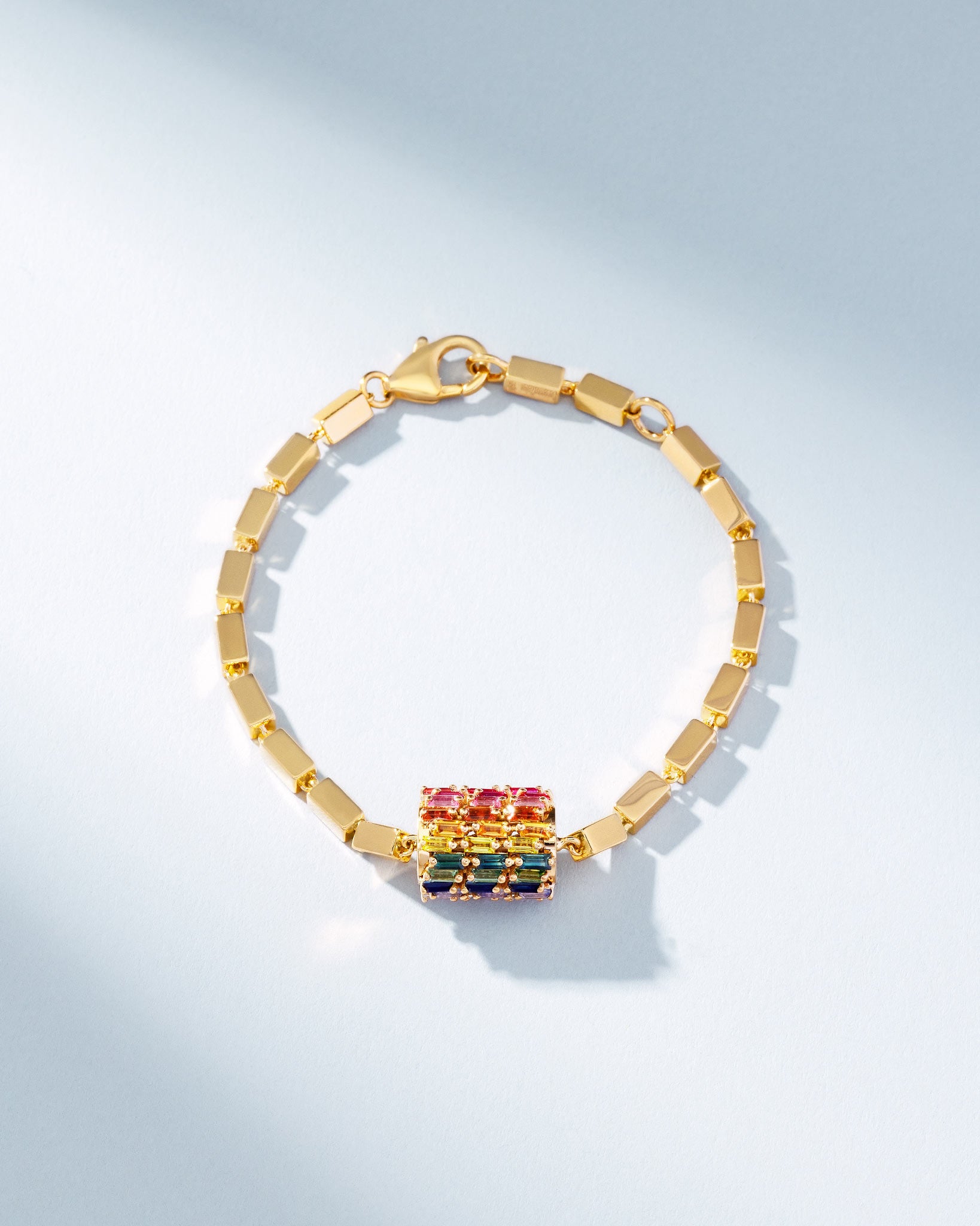 Suzanne Kalan Infinite Triple Row Rainbow Sapphire Thick Block-Chain Bracelet in 18k yellow gold