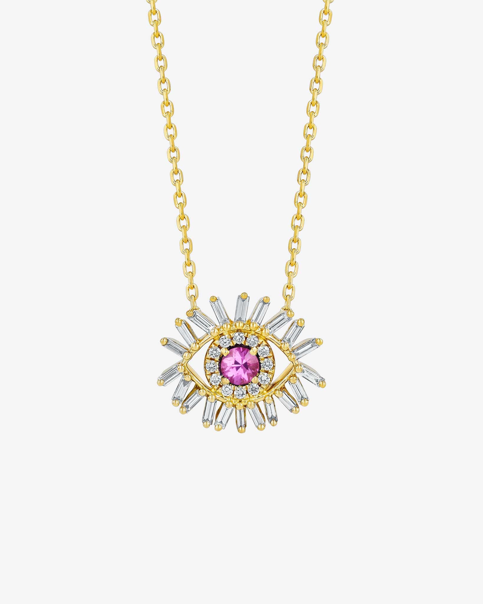 Suzanne Kalan Evil Eye Mini Pink Sapphire Pendant in 18k yellow gold