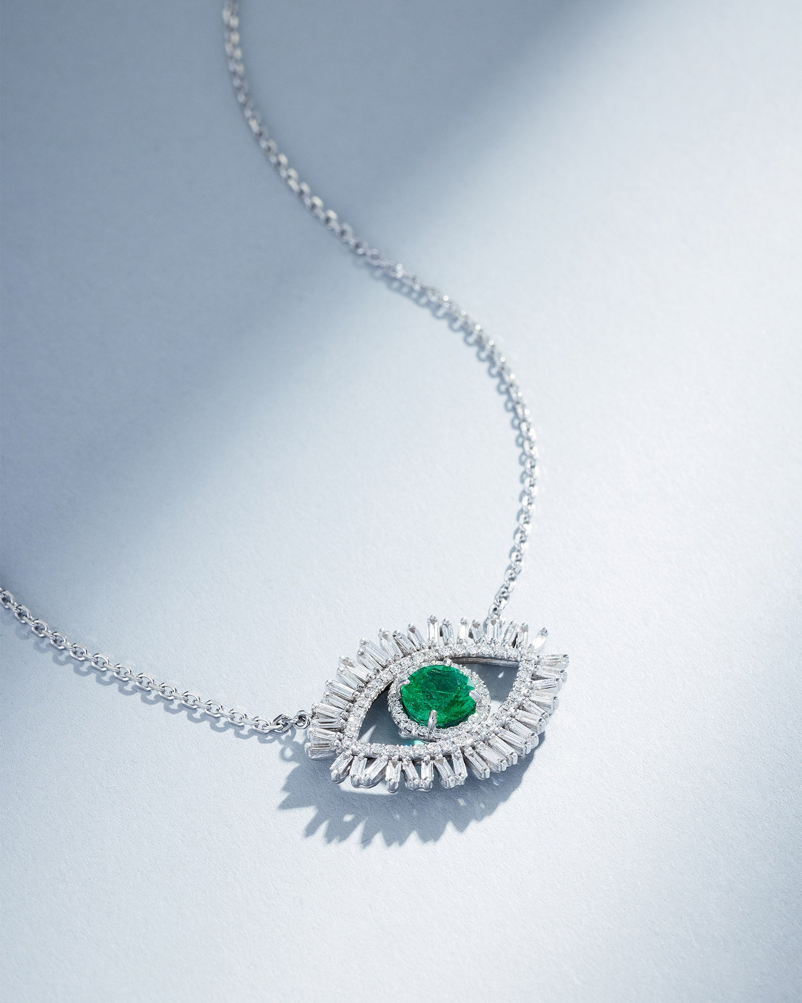 Suzanne Kalan Evil Eye Milli Emerald Half Pavé Pendant in 18k white gold