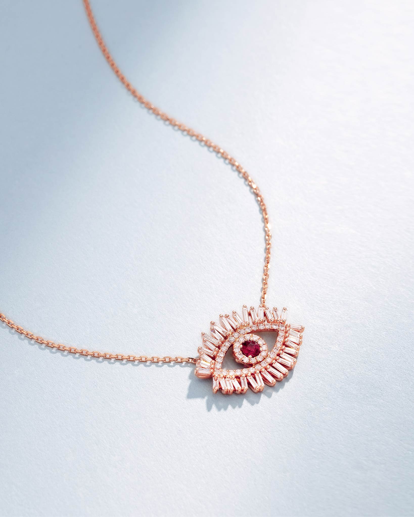 Suzanne Kalan Evil Eye Midi Ruby Half Pavé Pendant in 18k rose gold