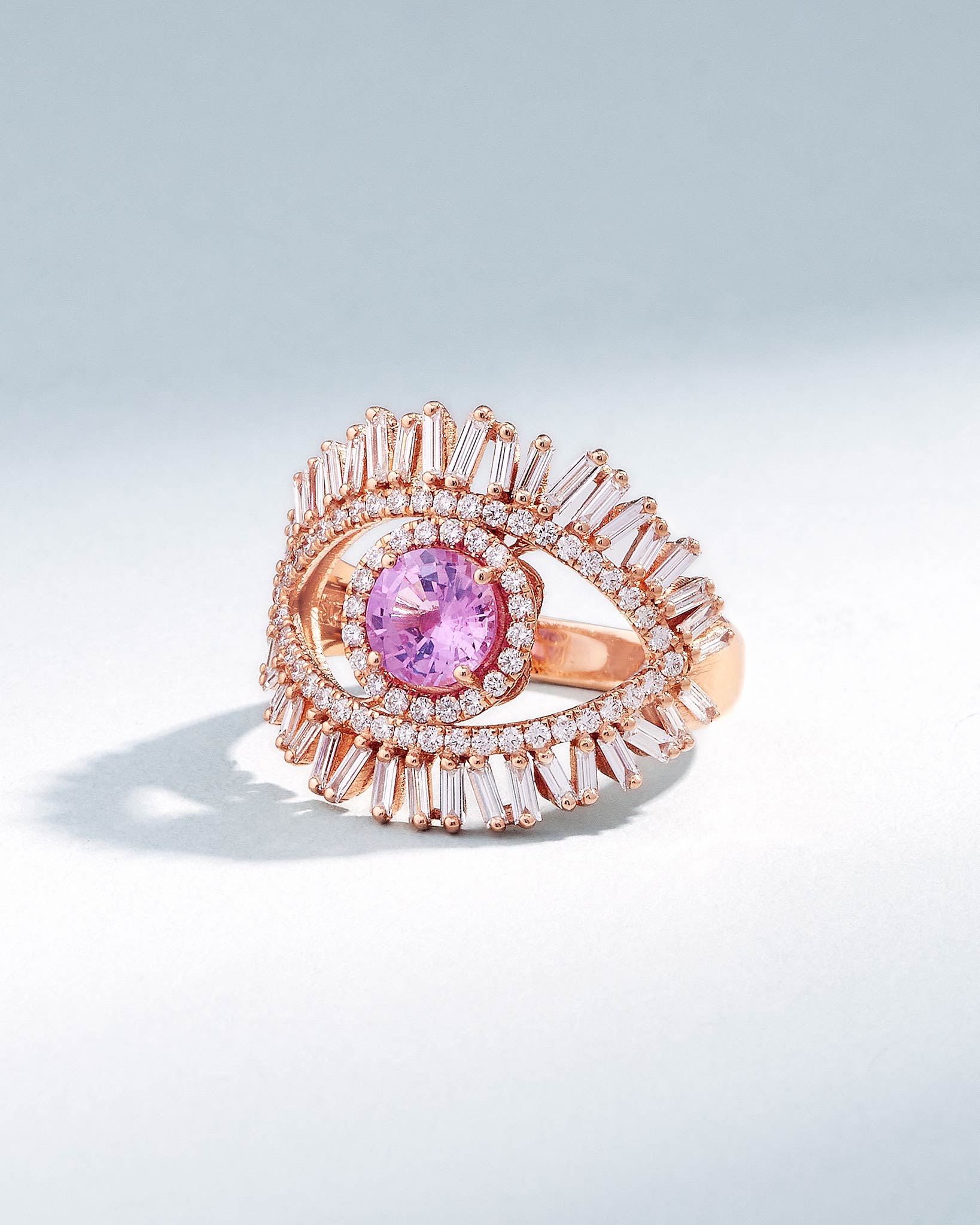 Suzanne Kalan Evil Eye Milli Pink Sapphire Half Pavé Ring in 18k rose gold