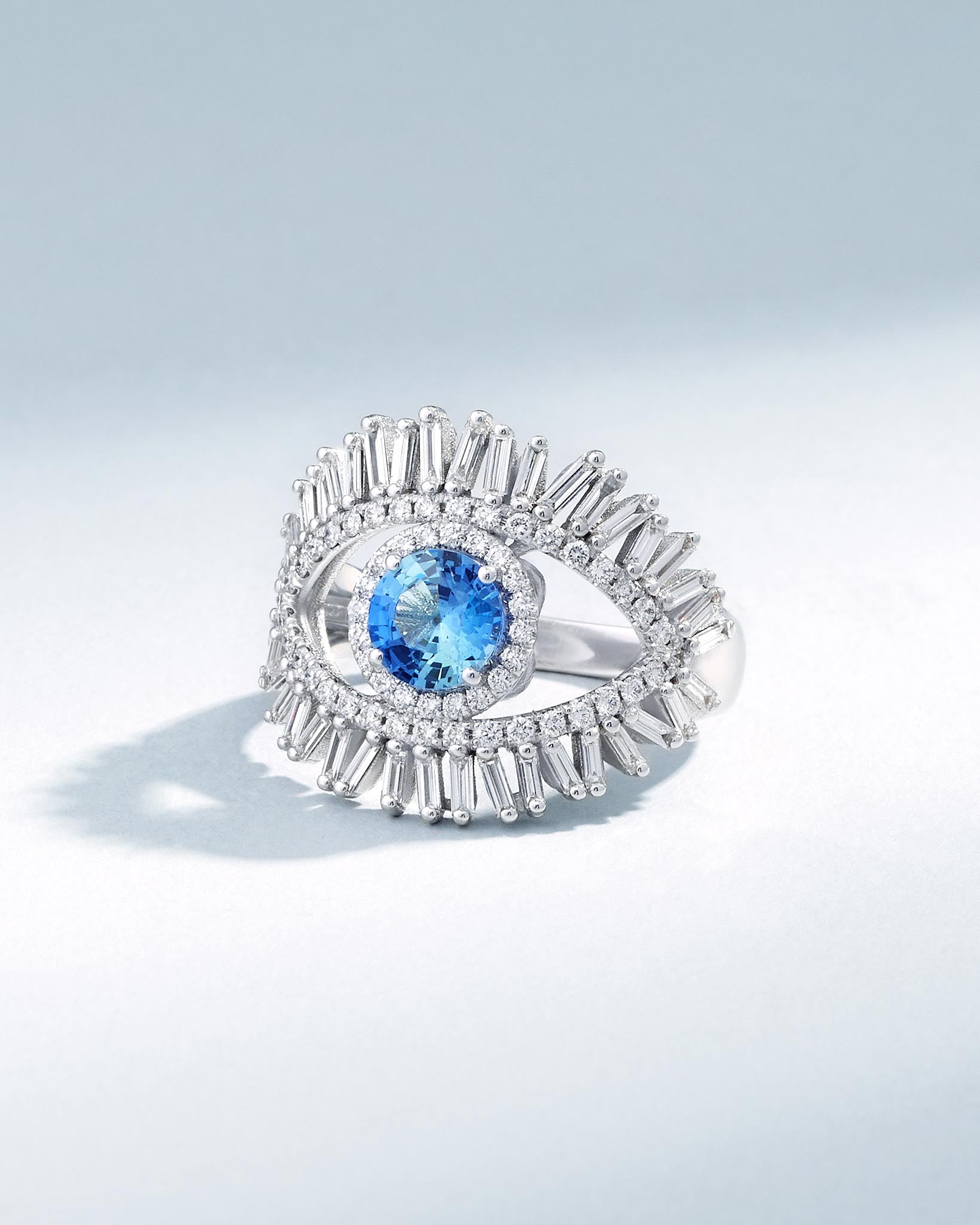 Suzanne Kalan Evil Eye Milli Light Blue Sapphire Half Pavé Ring in 18k white gold