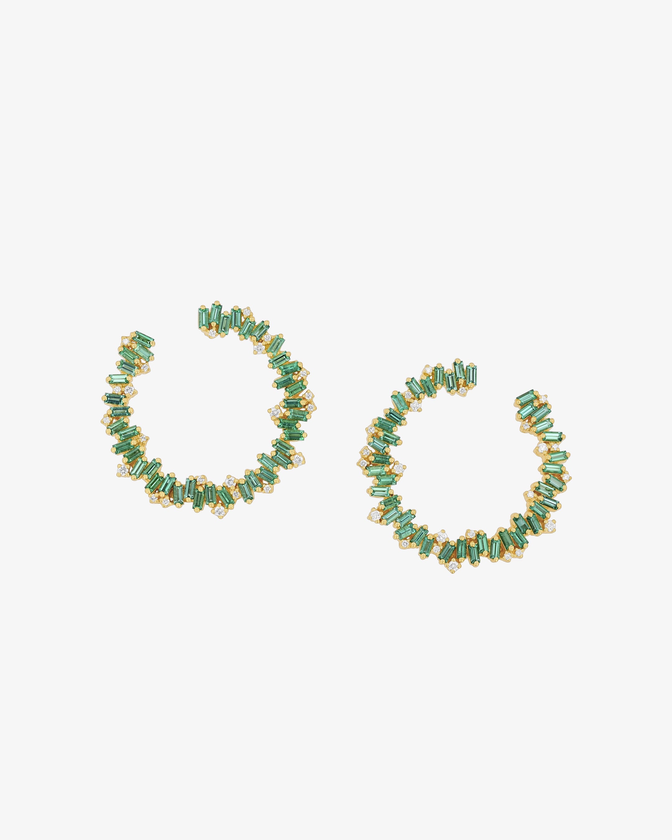 Suzanne Kalan Bold Burst Emerald Sideways Midi Hoops in 18k yellow gold