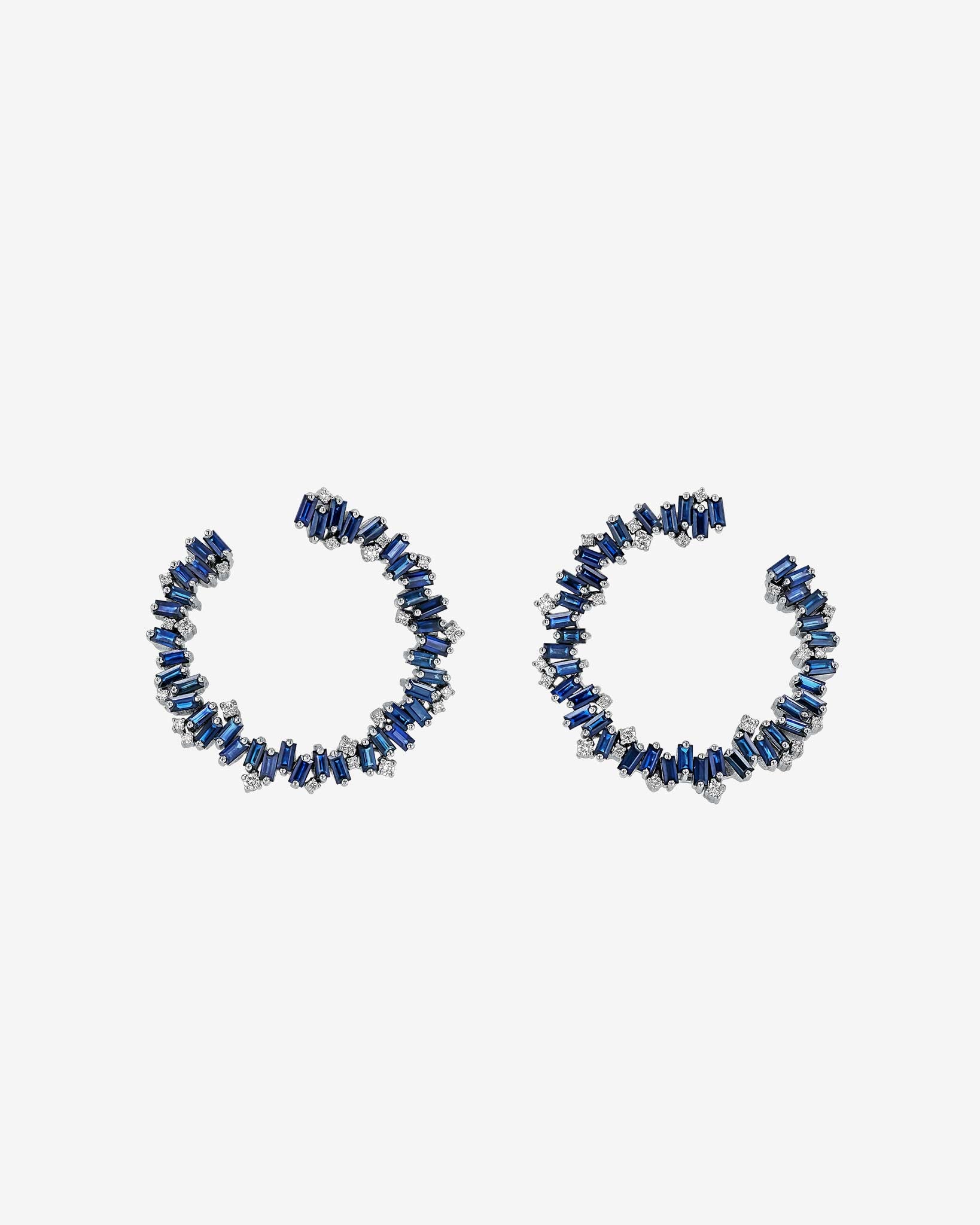 Suzanne Kalan Bold Burst Dark Blue Sapphire Sideways Midi Hoops in 18k white gold