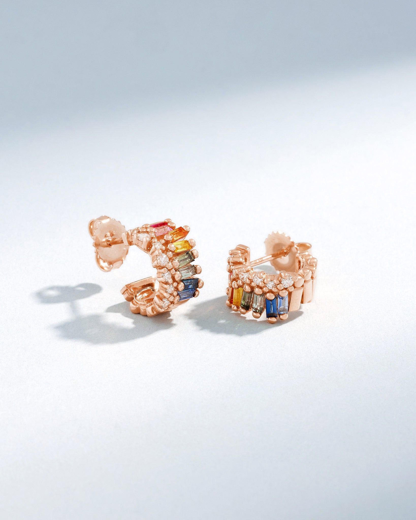 Suzanne Kalan Short Stack Rainbow Sapphire Mini Hoops in 18k rose gold