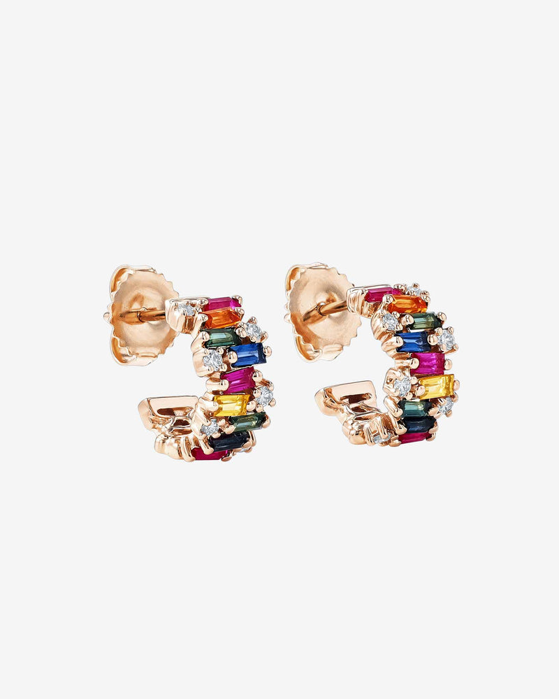 Suzanne Kalan Shimmer Alaia Rainbow Sapphire Mini Hoops in 18k rose gold