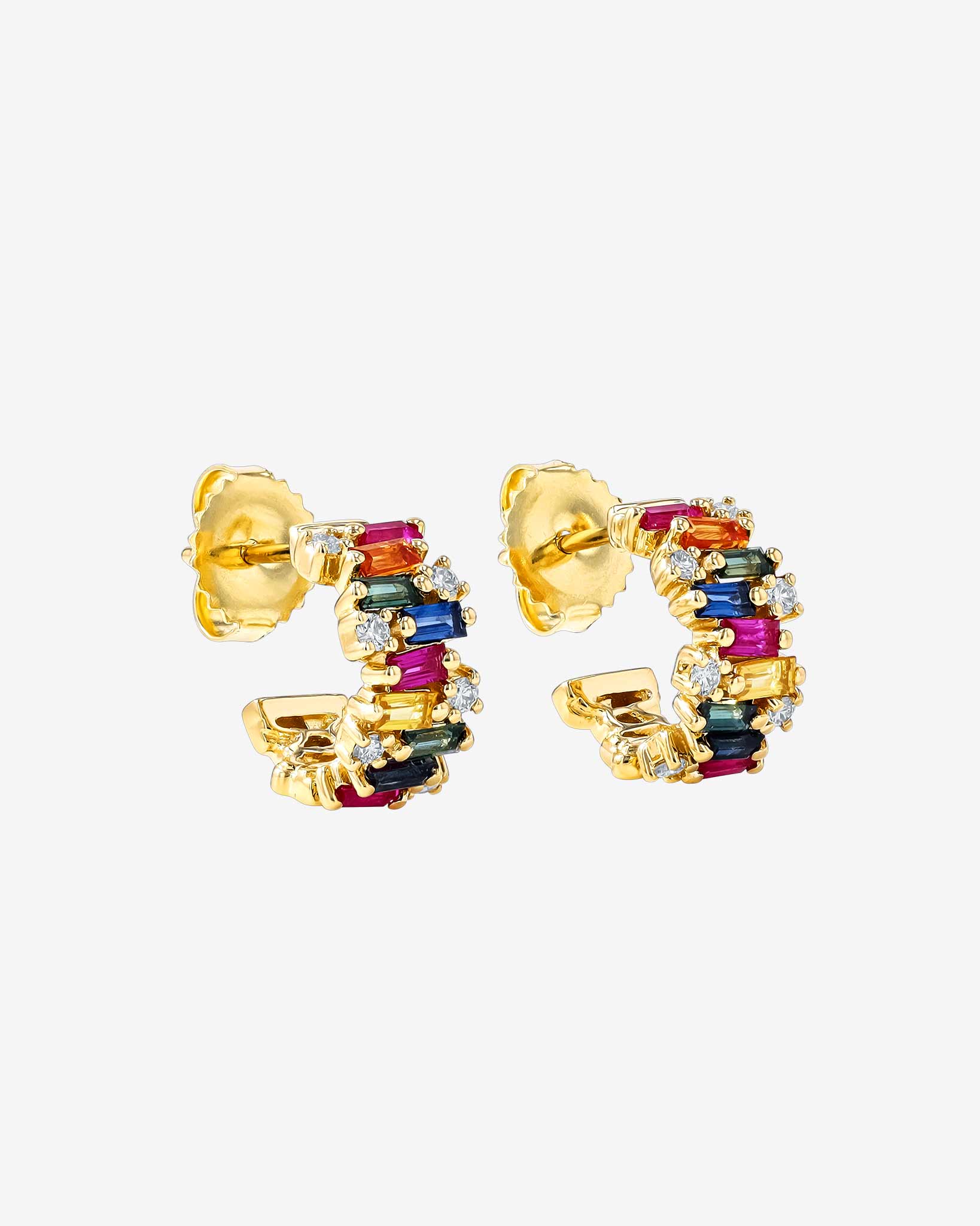 Suzanne Kalan Shimmer Rainbow Sapphire Mini Hoops in 18k yellow gold