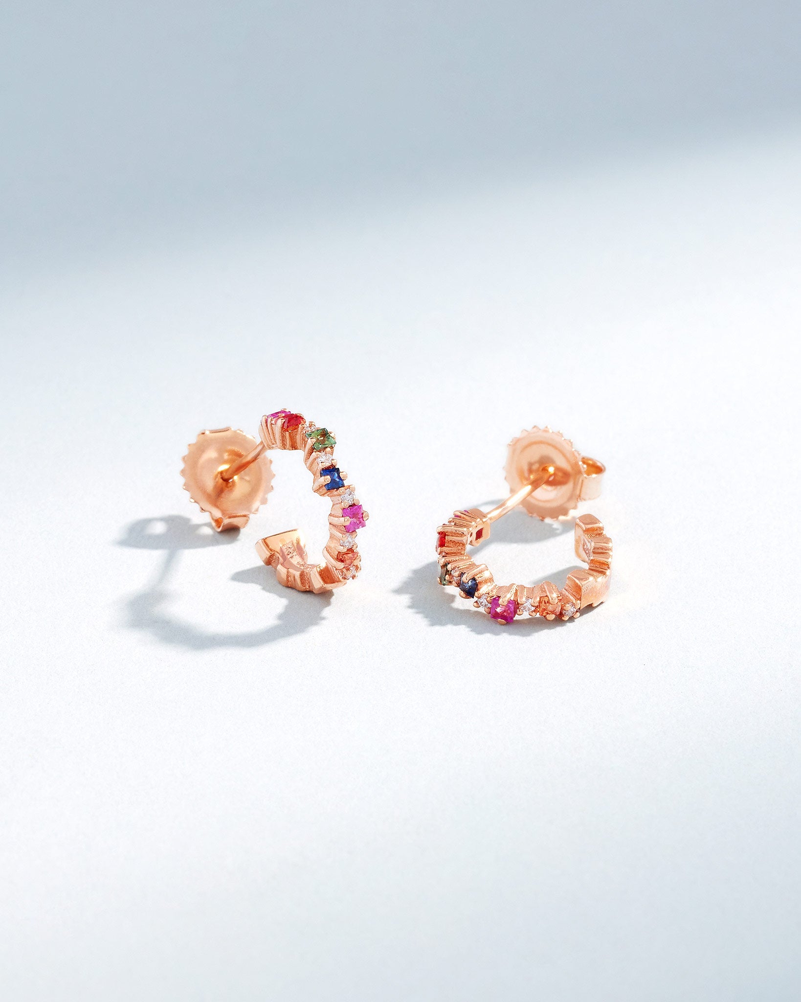 Suzanne Kalan Princess Staggered Rainbow Sapphire Mini Hoops in 18k rose gold