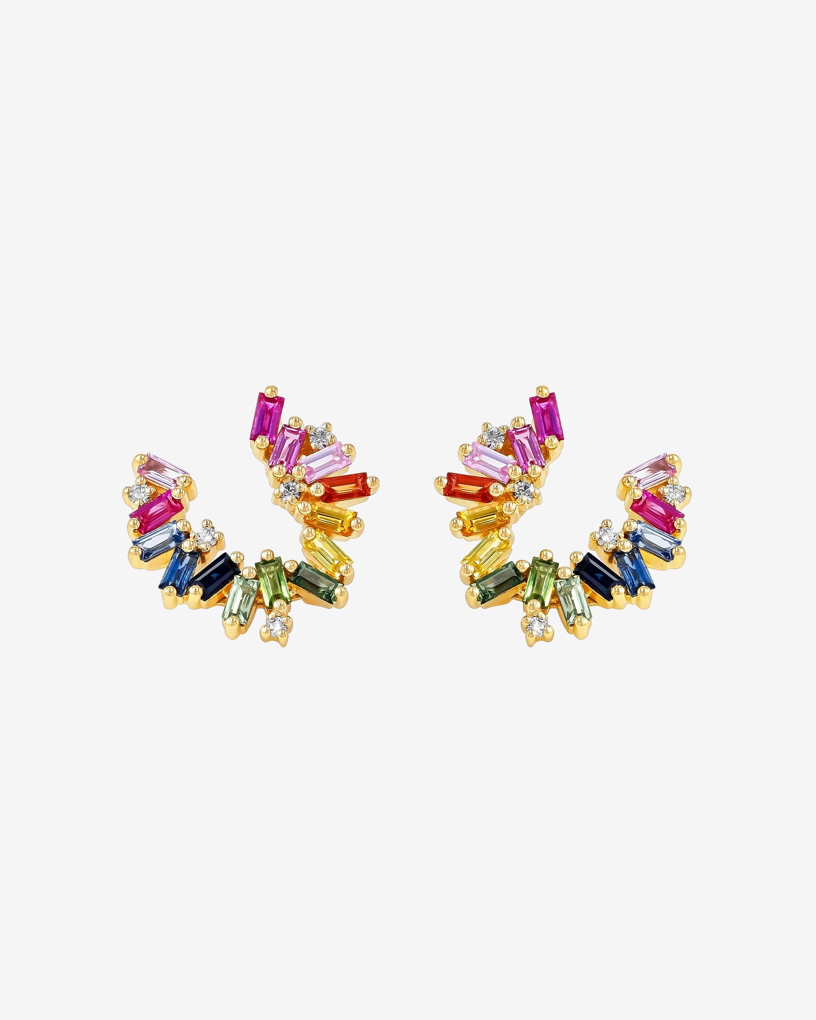 Suzanne Kalan Bold Burst Rainbow Sapphire Sideways Mini Hoops in 18k yellow gold