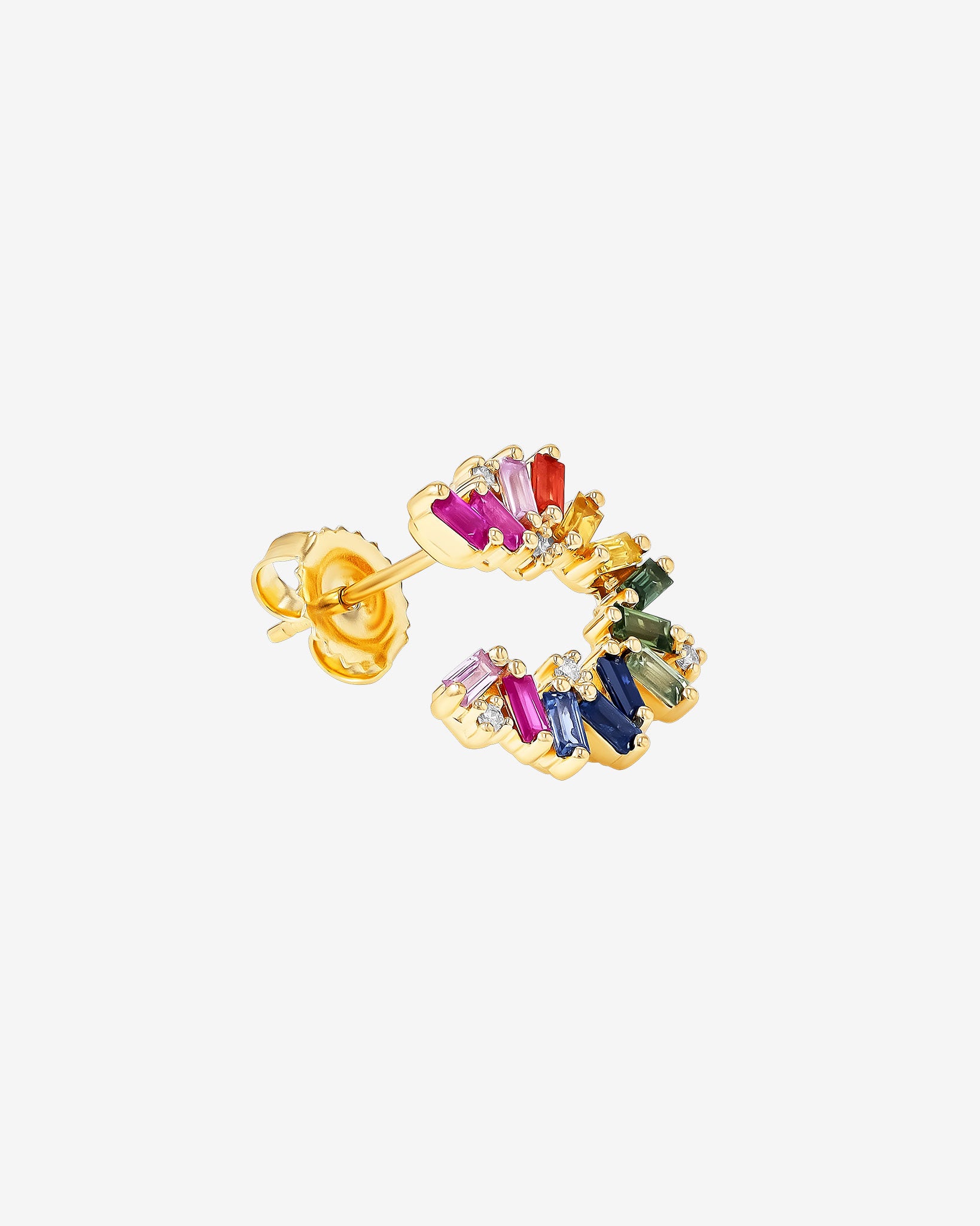 Suzanne Kalan Bold Burst Rainbow Sapphire Sideways Mini Hoops in 18k yellow gold