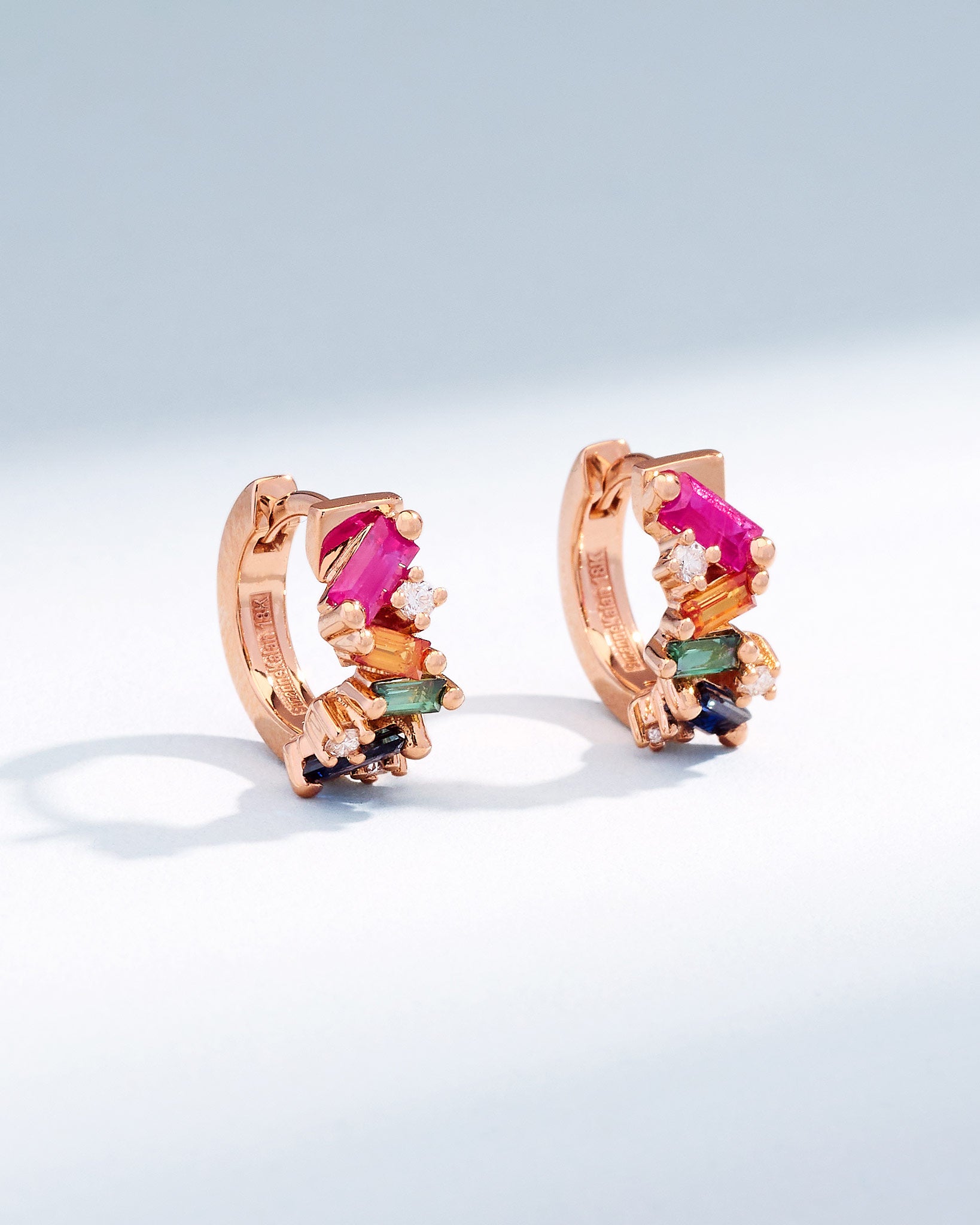 Suzanne Kalan Frenzy Rainbow Sapphire Huggies in 18K rose gold