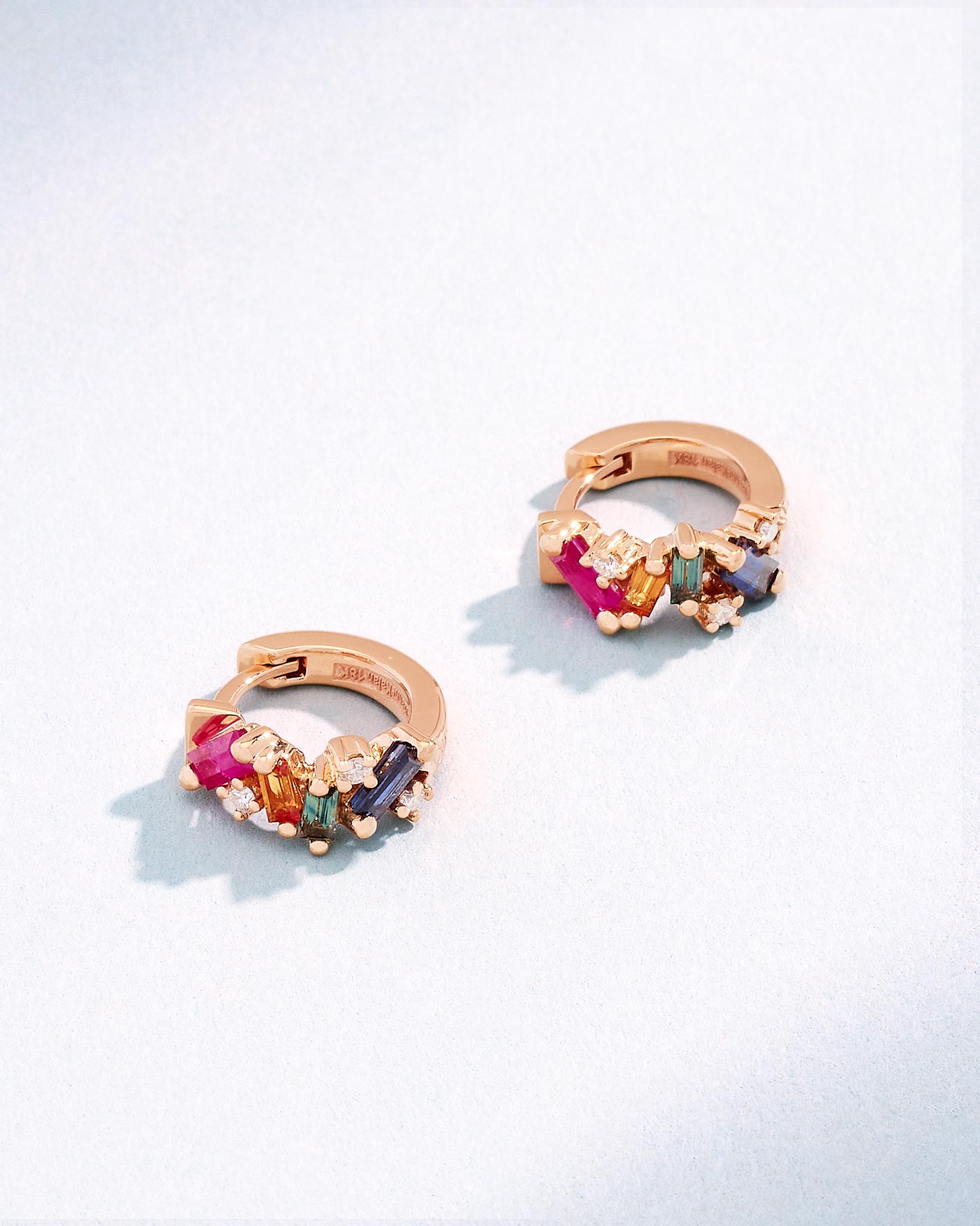 Suzanne Kalan Frenzy Rainbow Sapphire Huggies in 18K rose gold