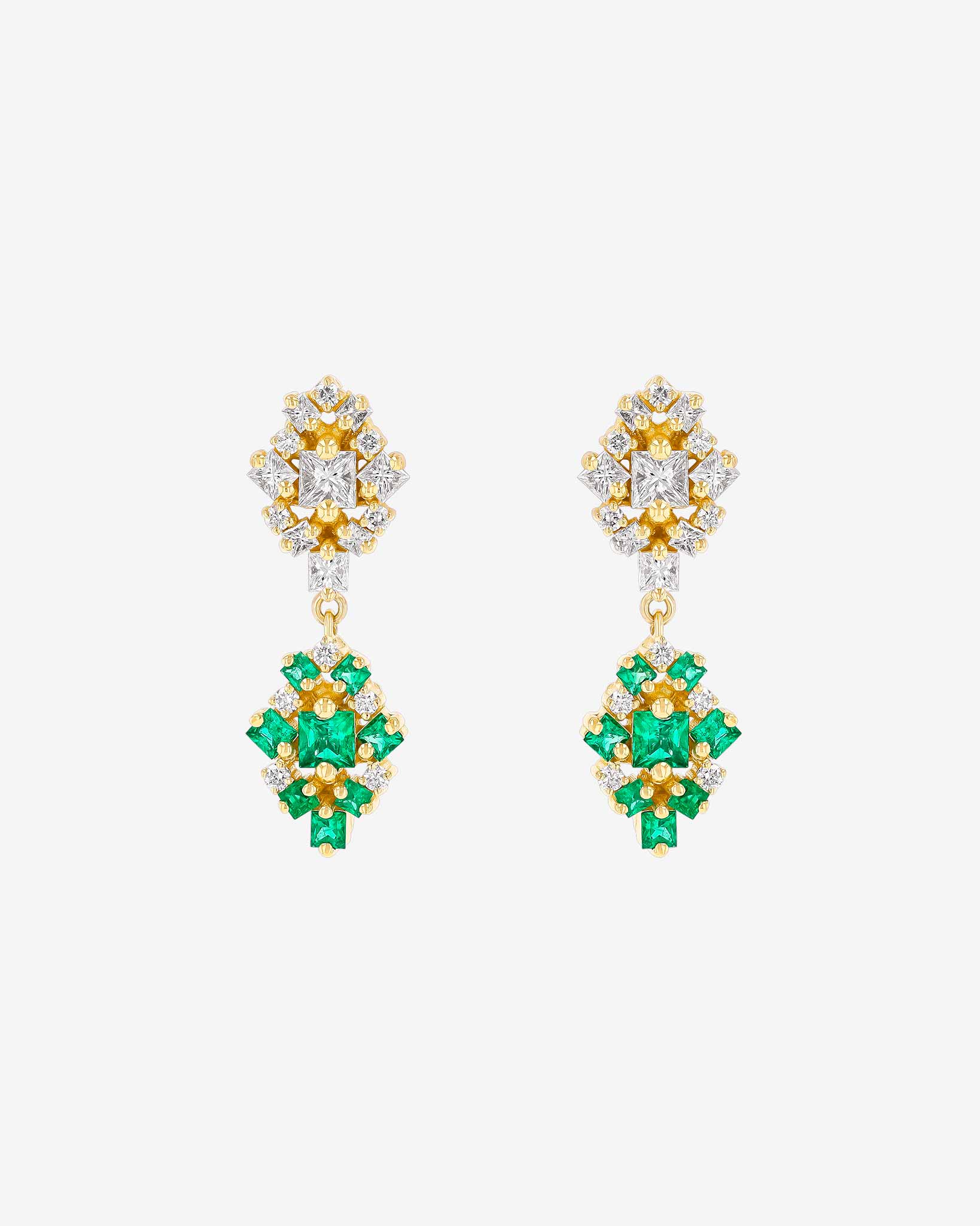 Suzanne Kalan La Fantaisie Double Star Diamond & Emerald Drop Earrings in 18k yellow gold