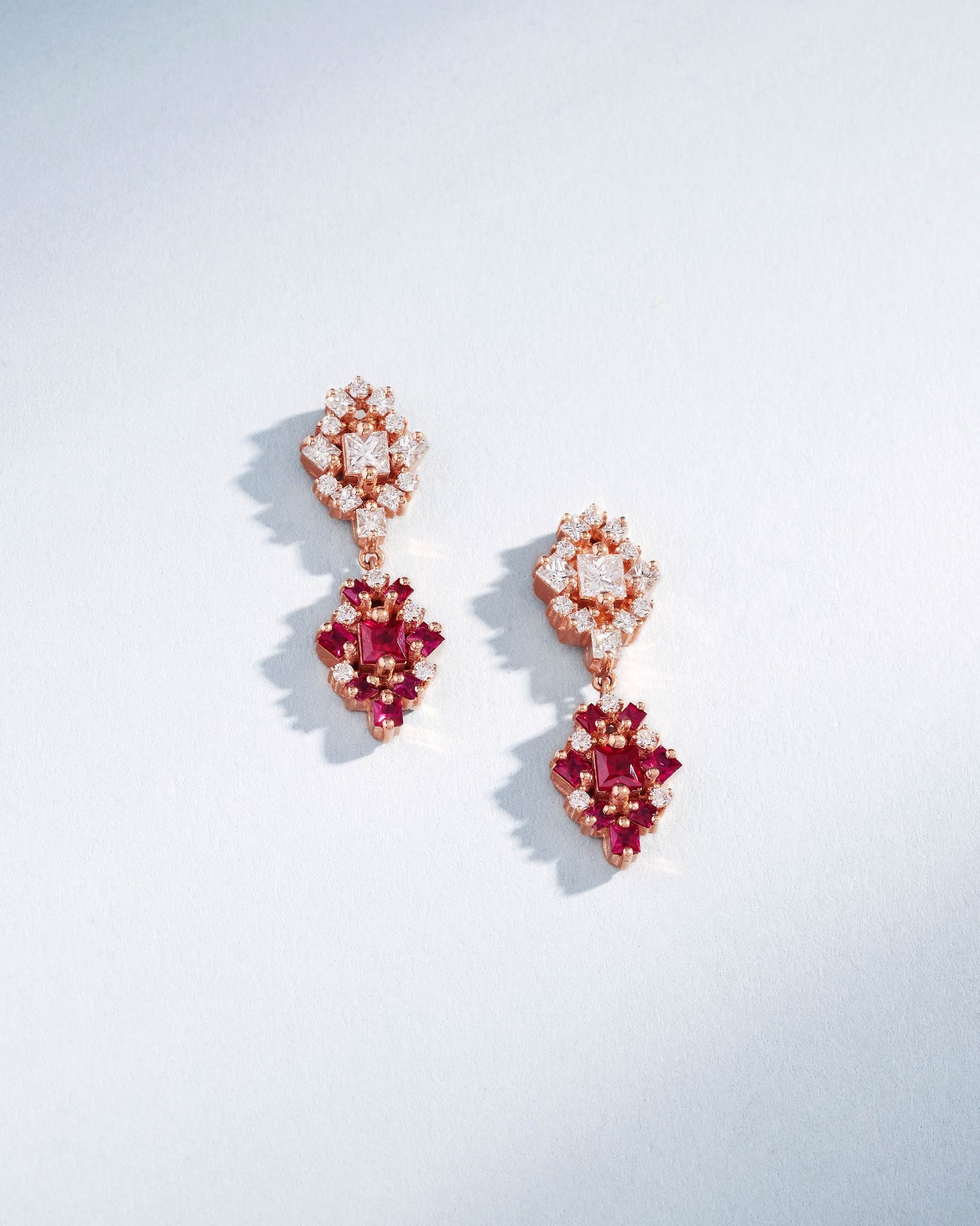 Suzanne Kalan La Fantaisie Double Star Diamond & Ruby Drop Earrings in 18k rose gold