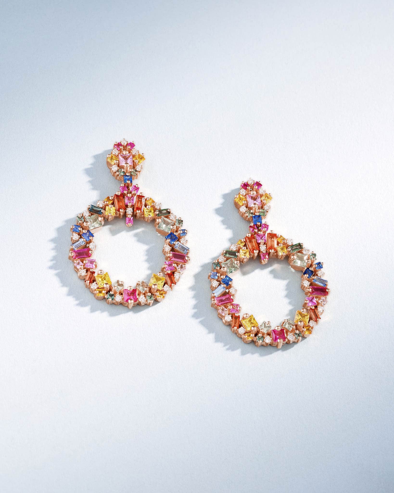 Suzanne Kalan La Fantaisie Eclipse Rainbow Sapphire Drop Earrings in 18k rose gold