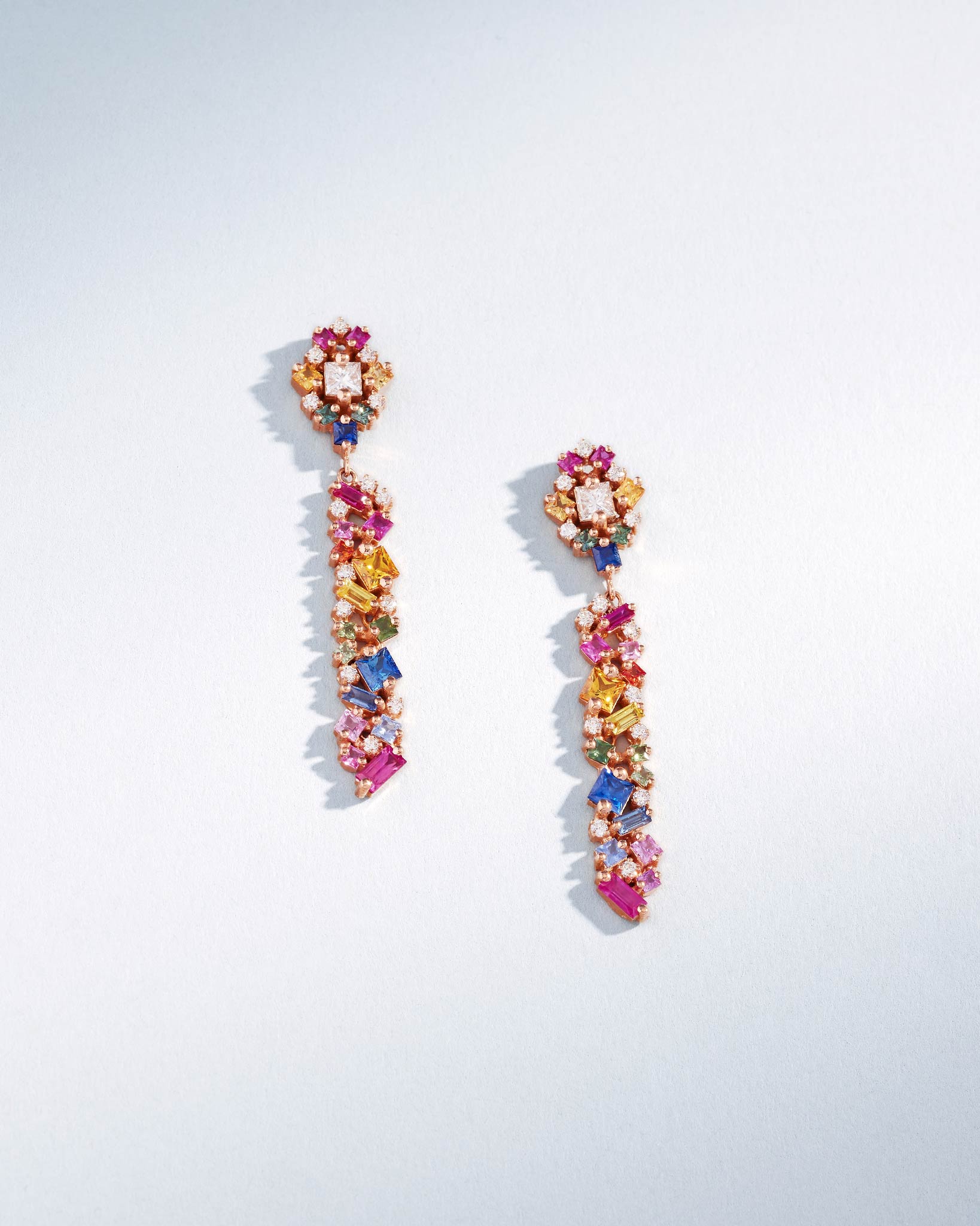 Suzanne Kalan La Fantaisie Sunbeam Rainbow Sapphire Drop Earrings in 18k rose gold