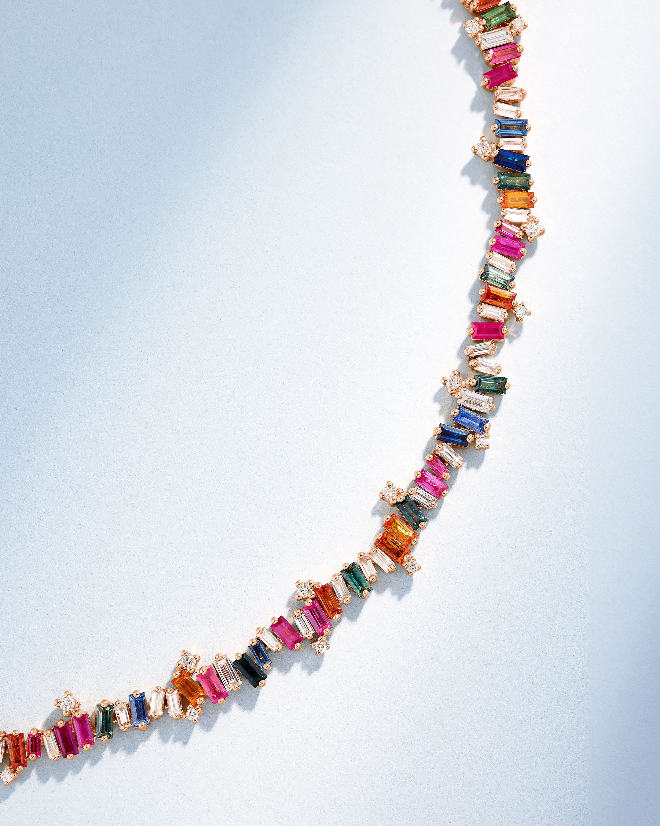 Suzanne Kalan Bold Burst Rainbow Sapphire Tennis Necklace in 18k rose gold