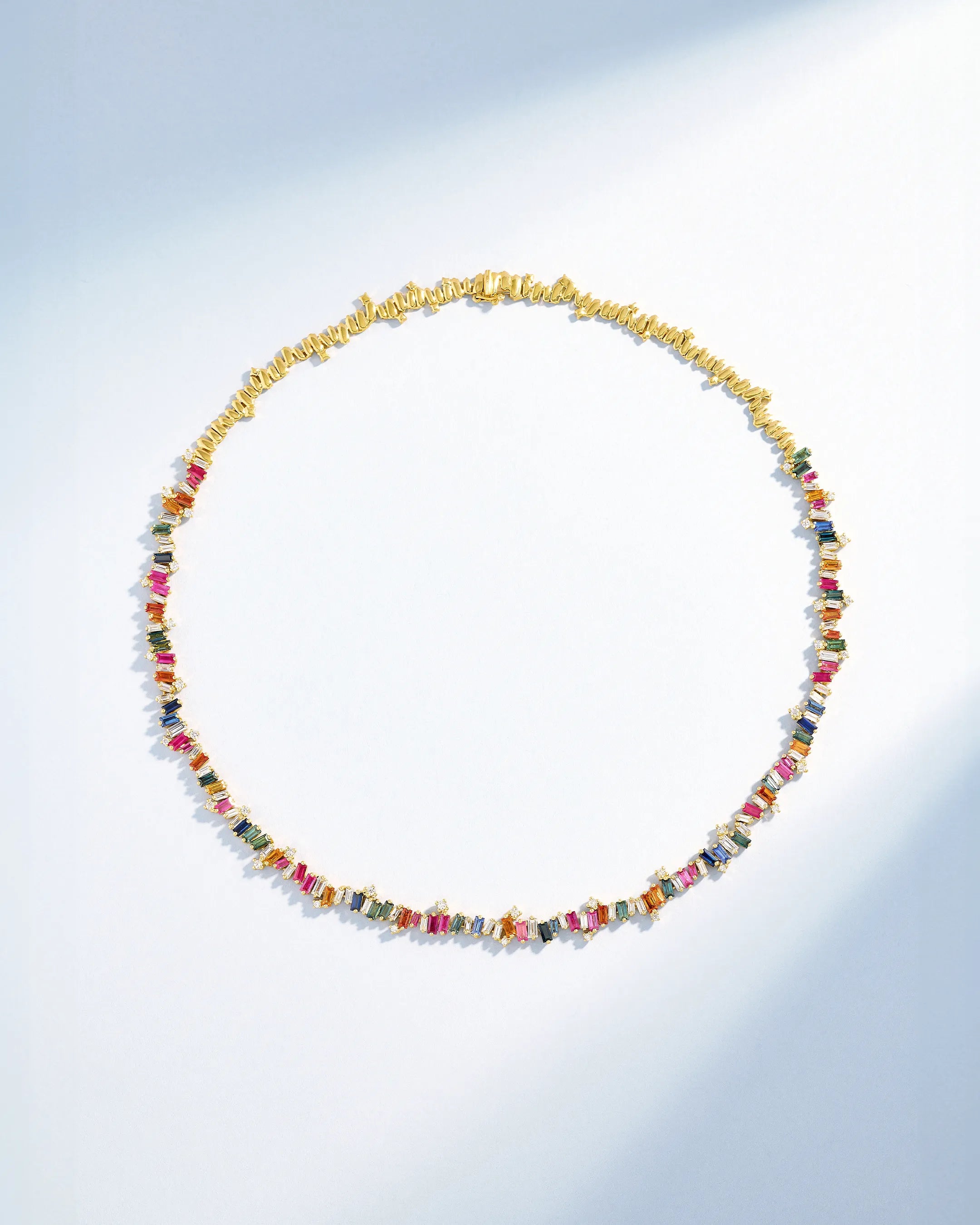 Suzanne Kalan Bold Burst Rainbow Sapphire Tennis Necklace in 18k yellow gold