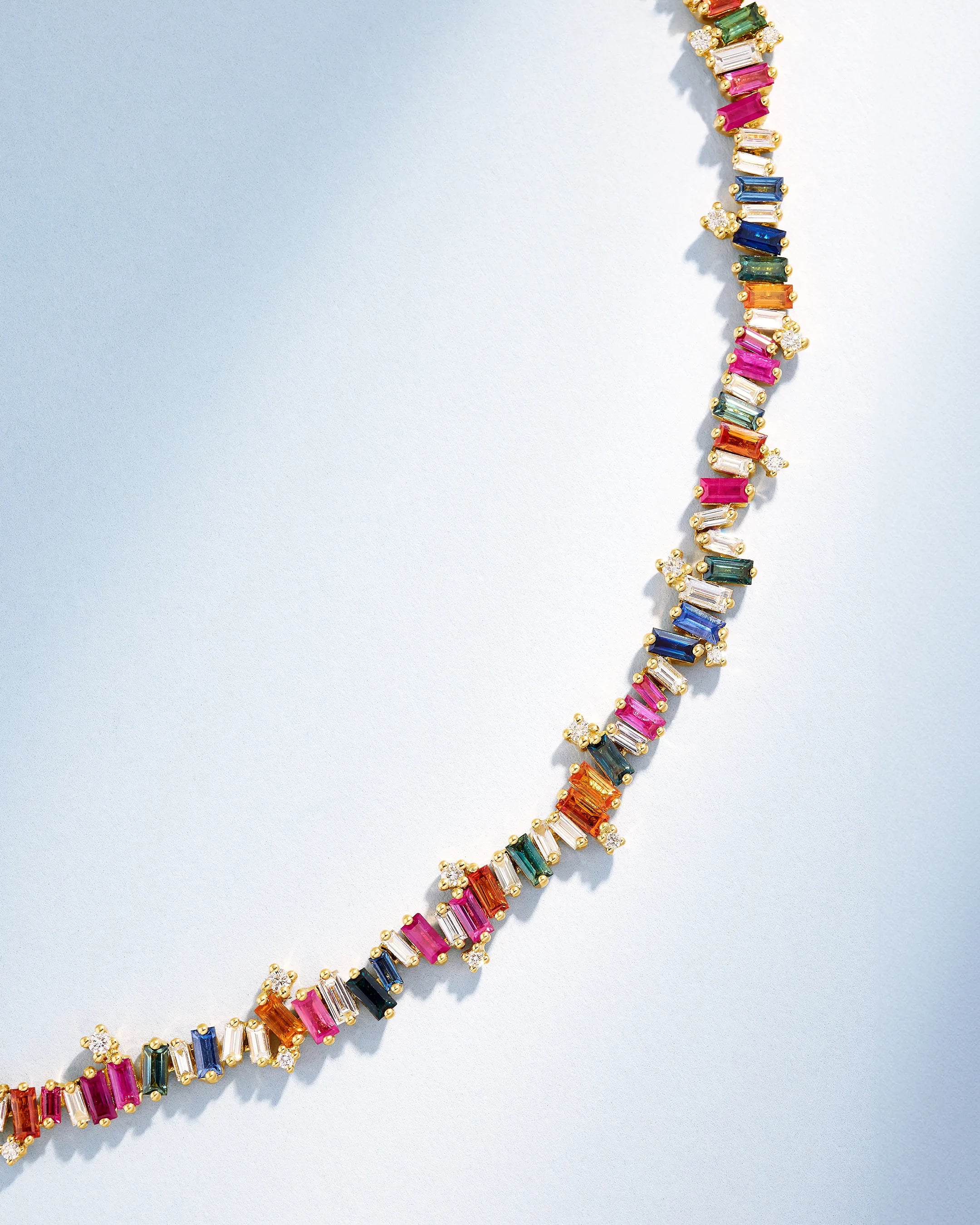 Suzanne Kalan Bold Burst Rainbow Sapphire Tennis Necklace in 18k yellow gold