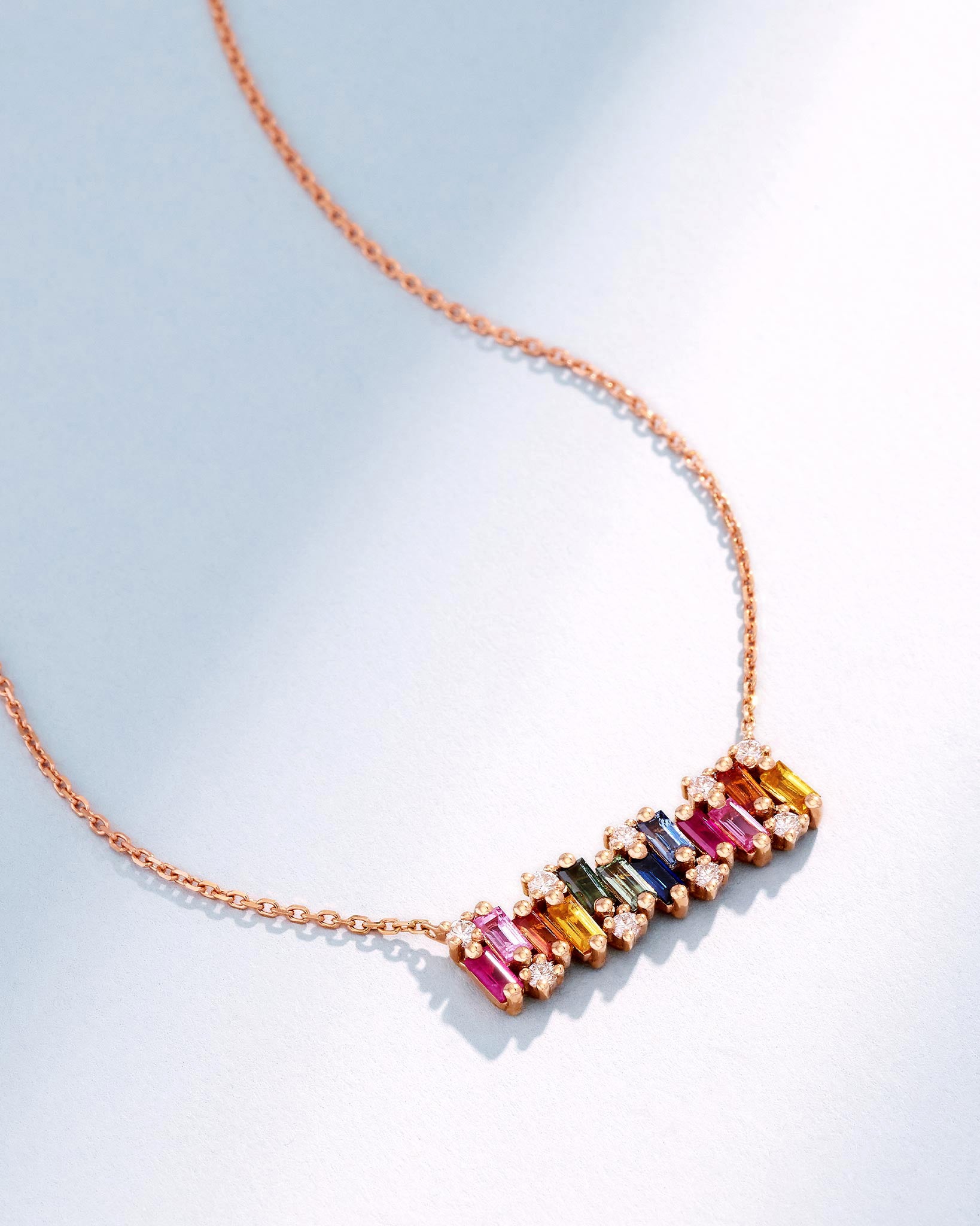 Suzanne Kalan Shimmer Rainbow Sapphire Bar Pendant in 18k rose gold