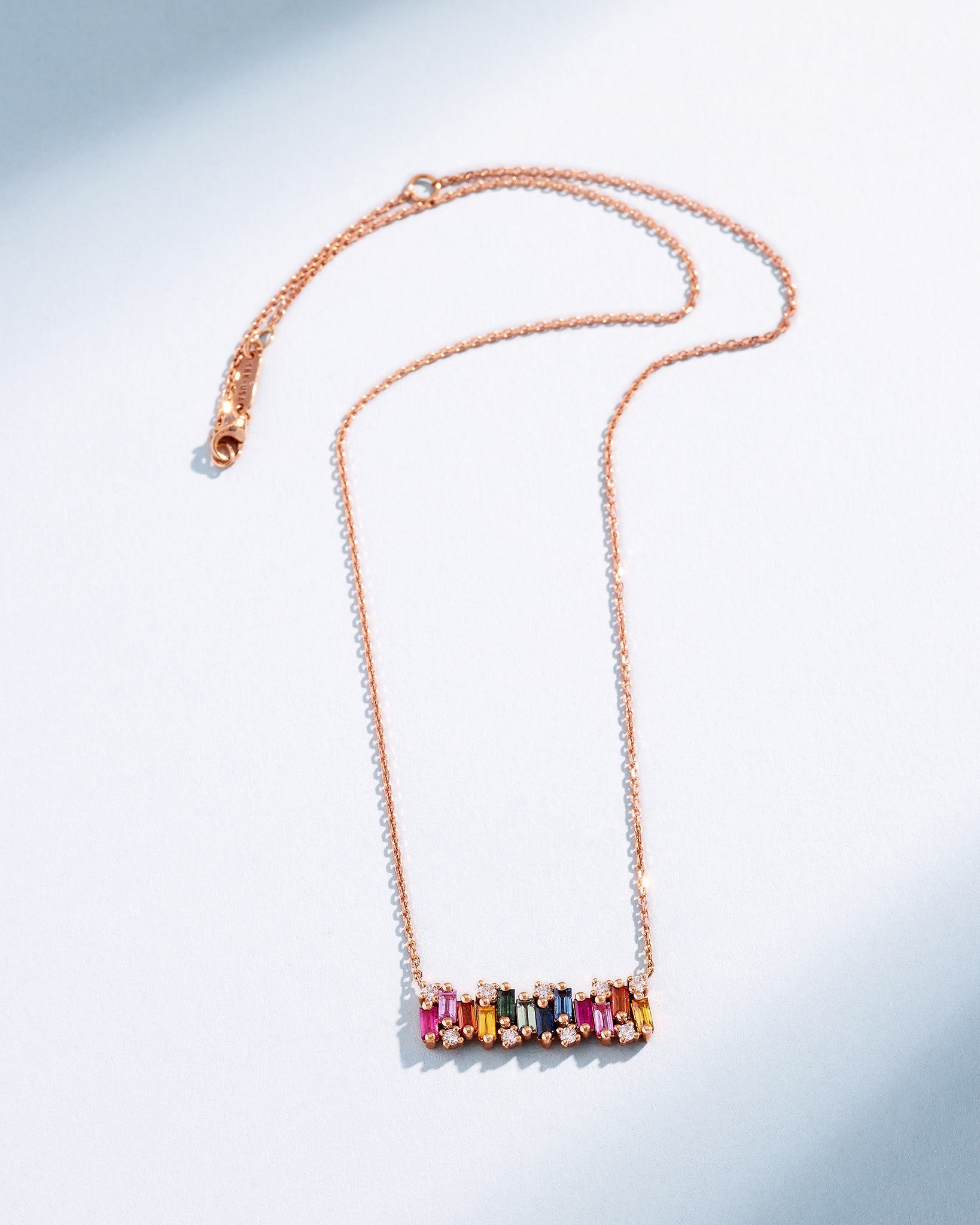 Suzanne Kalan Shimmer Rainbow Sapphire Bar Pendant in 18k rose gold