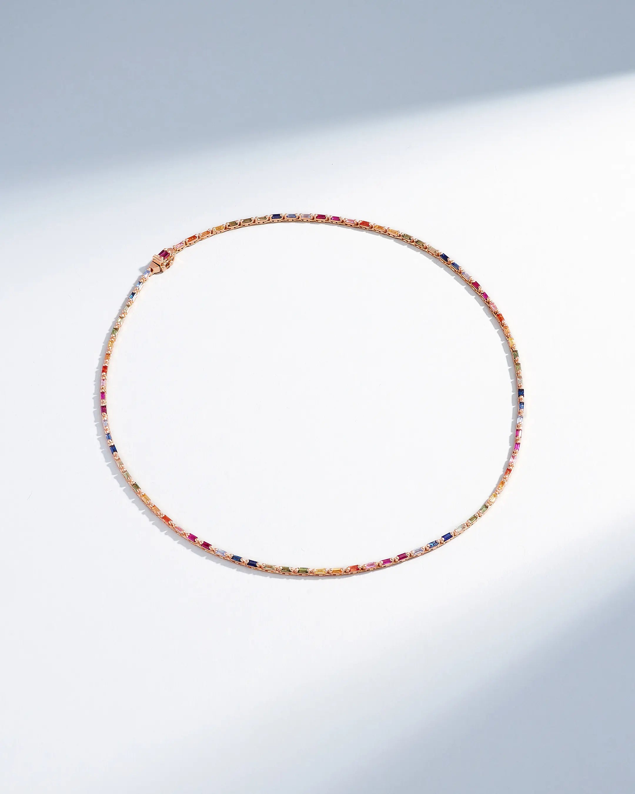 Suzanne Kalan Linear Full Rainbow Sapphire Tennis Necklace in 18k rose gold