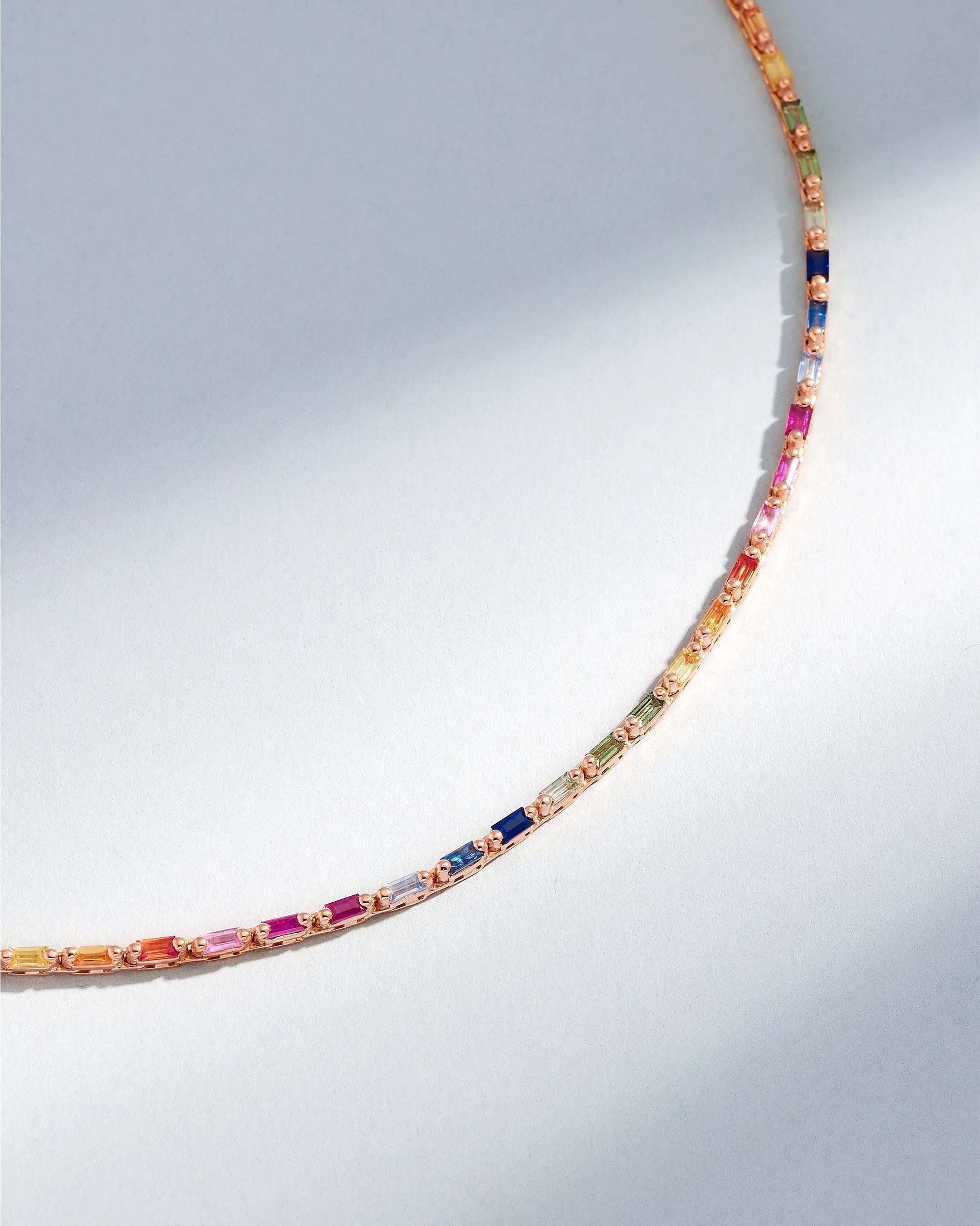 Suzanne Kalan Linear Full Rainbow Sapphire Tennis Necklace in 18k rose gold