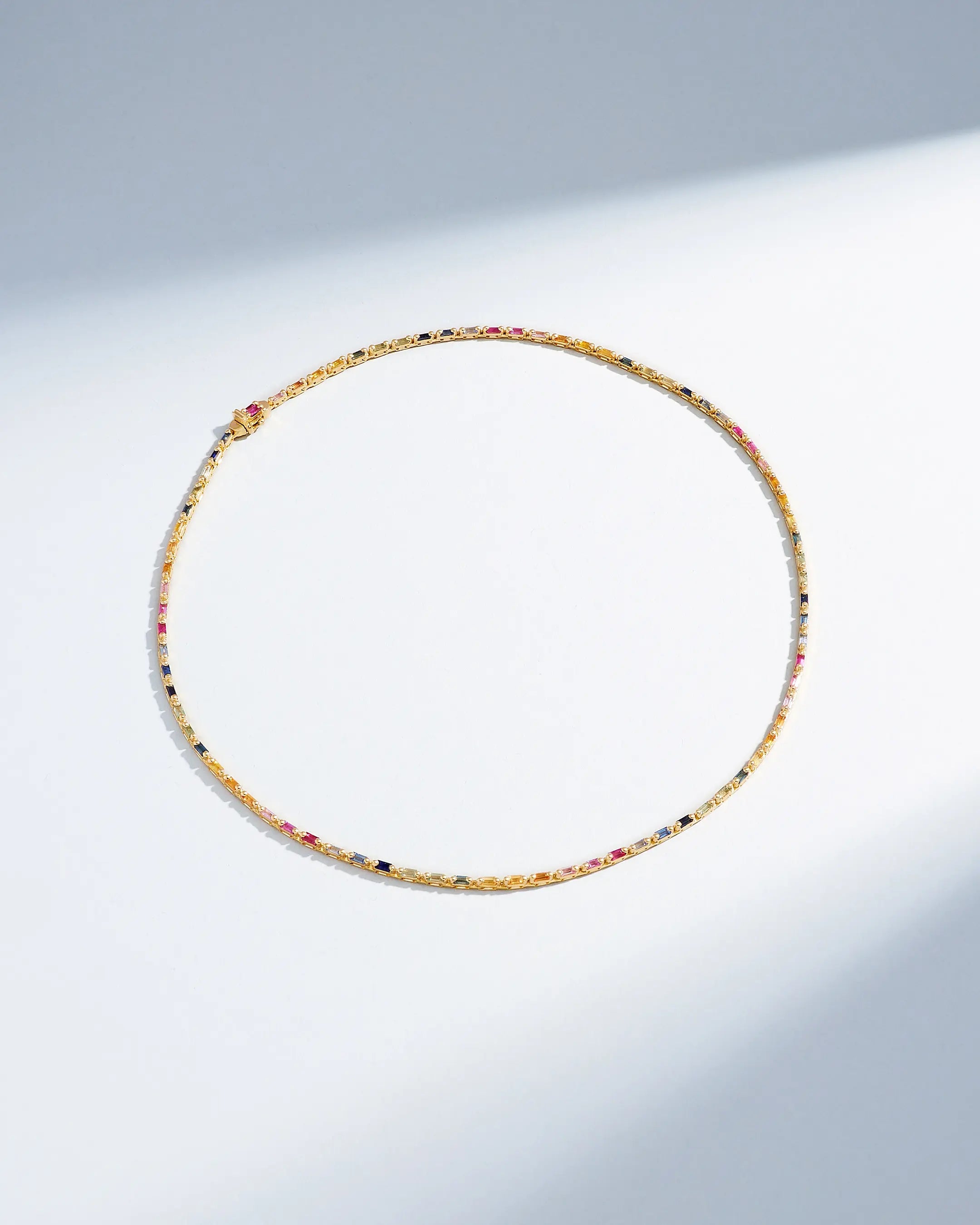 Suzanne Kalan Linear Full Rainbow Sapphire Tennis Necklace in 18k yellow gold