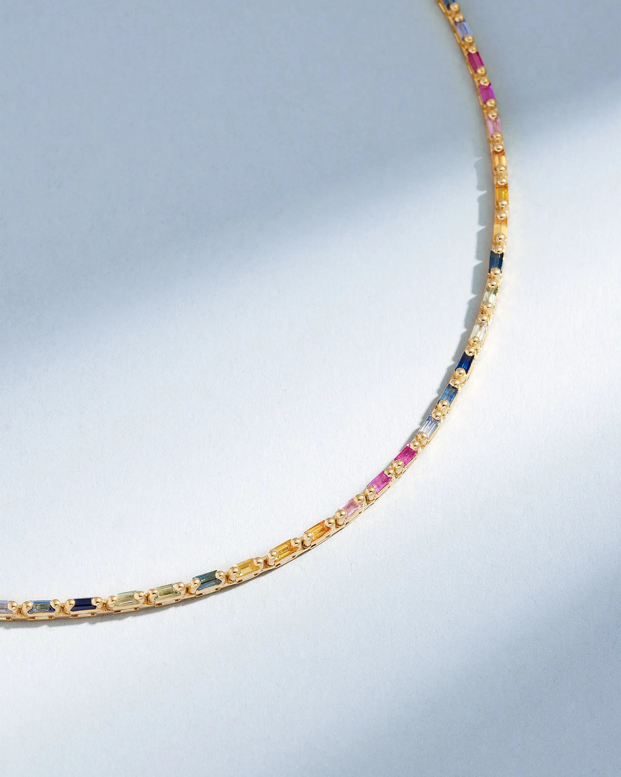 Suzanne Kalan Linear Full Rainbow Sapphire Tennis Necklace in 18k yellow gold