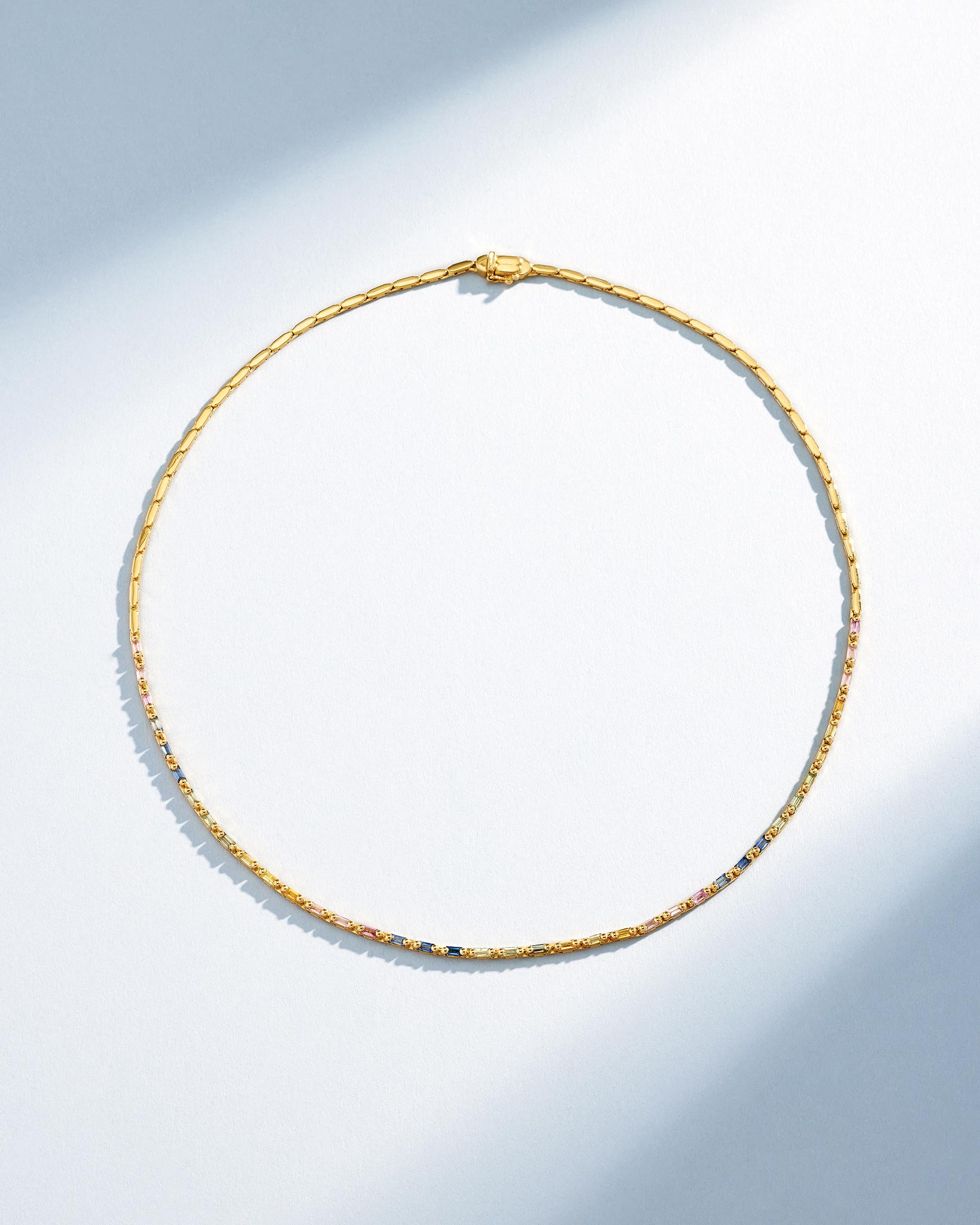 Suzanne Kalan Linear Half Pastel Sapphire Tennis Necklace in 18k yellow gold