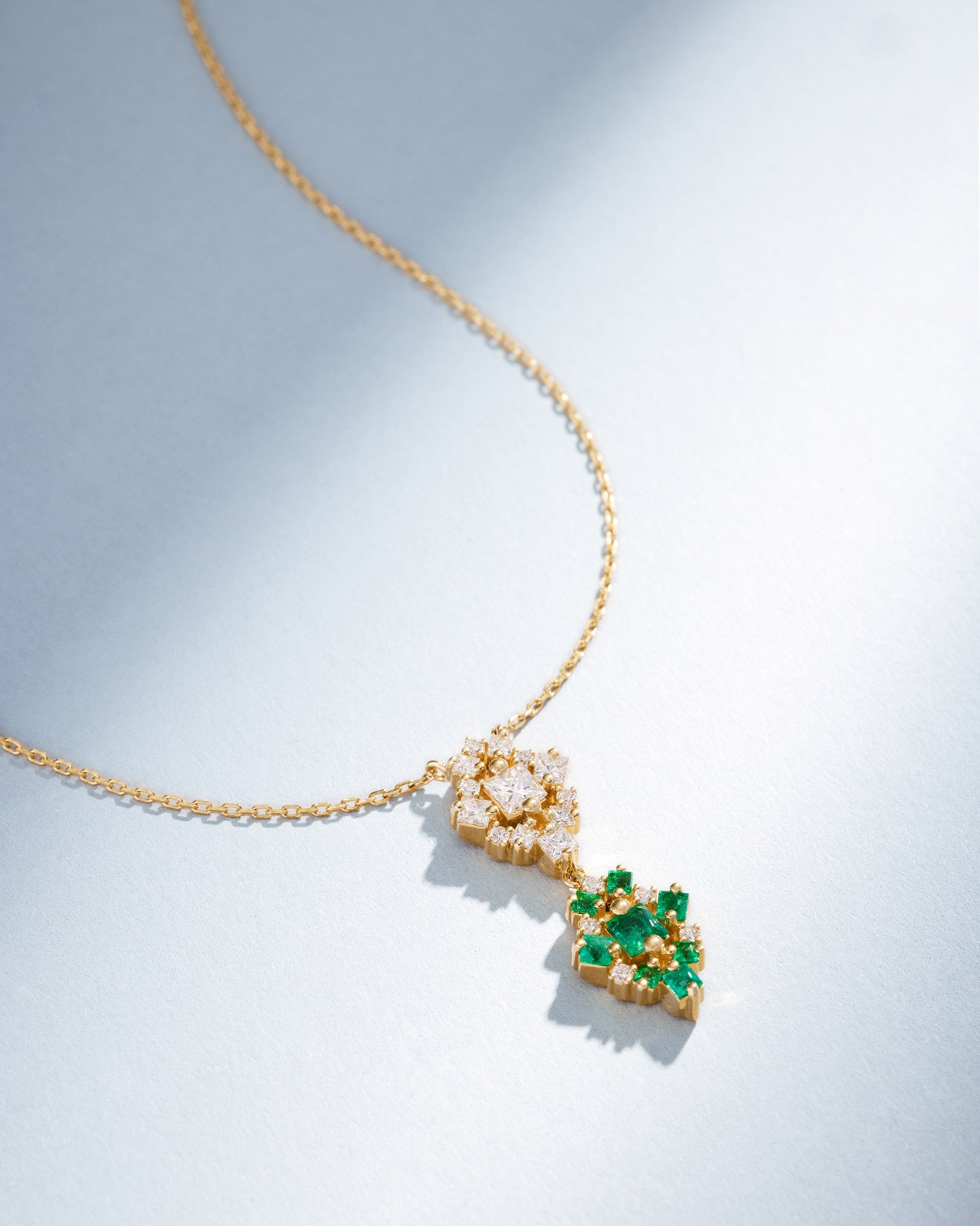 Suzanne Kalan La Fantaisie Double Star Diamond & Emerald Pendant in 18k yellow gold