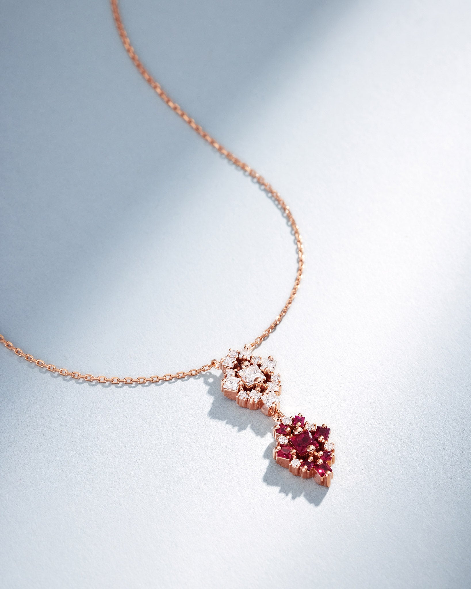 Suzanne Kalan La Fantaisie Double Star Diamond & Ruby Pendant in 18k rose gold