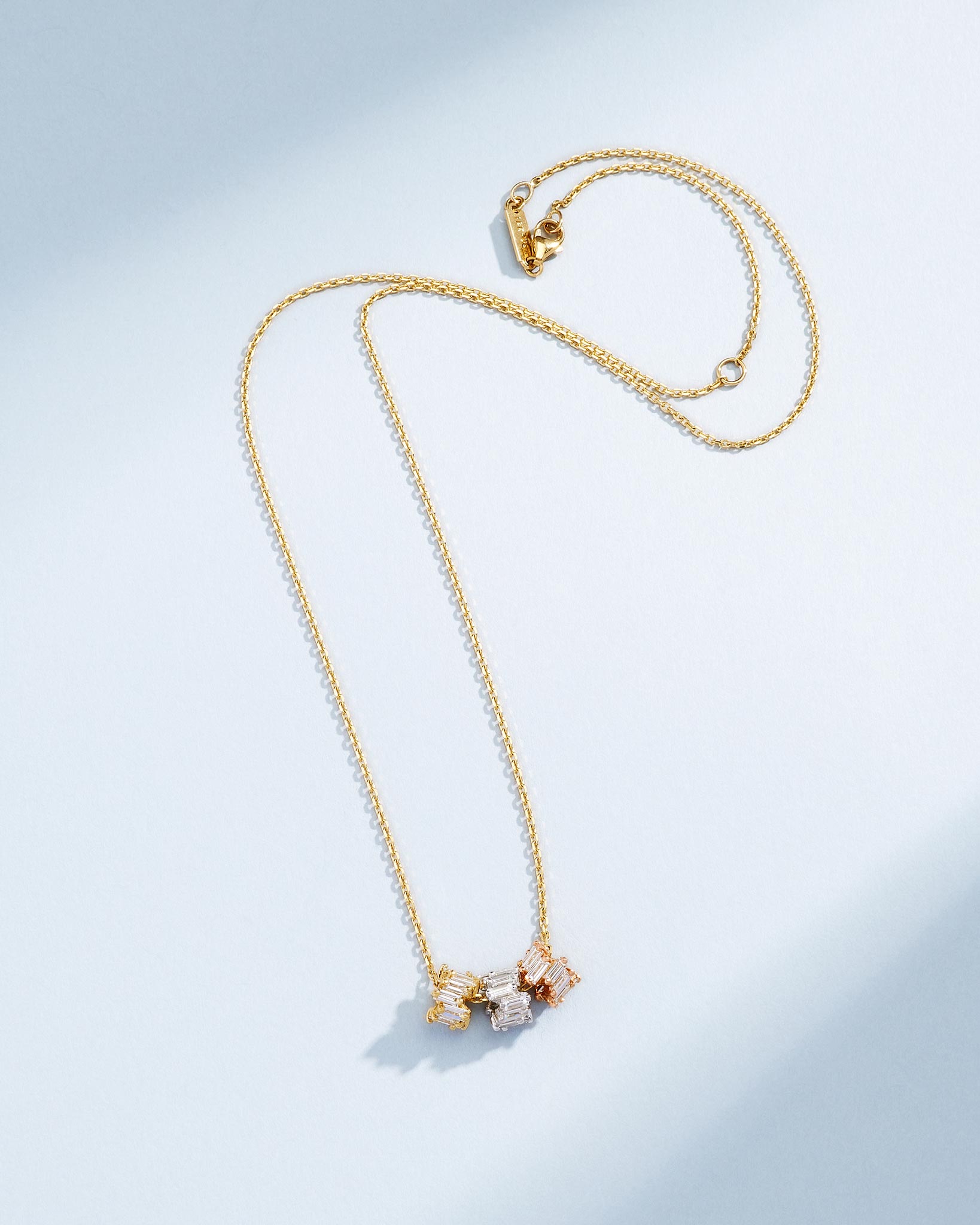 Suzanne Kalan Infinite Triple Diamond Tri-Color Rondelle Pendant with an 18k yellow gold chain