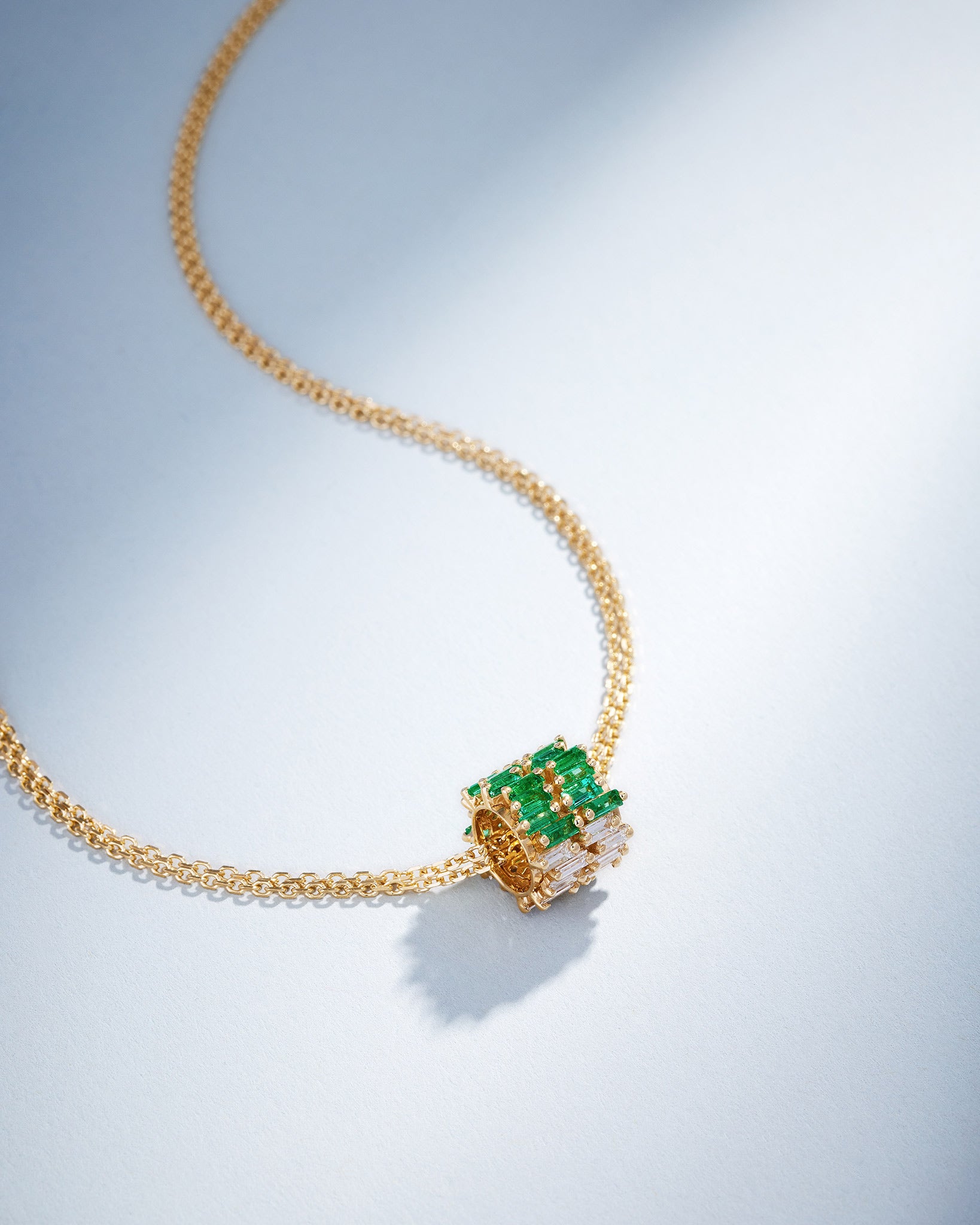 Suzanne Kalan Infinite Double Row Emerald & Diamond Rondelle Pendant in 18k yellow gold