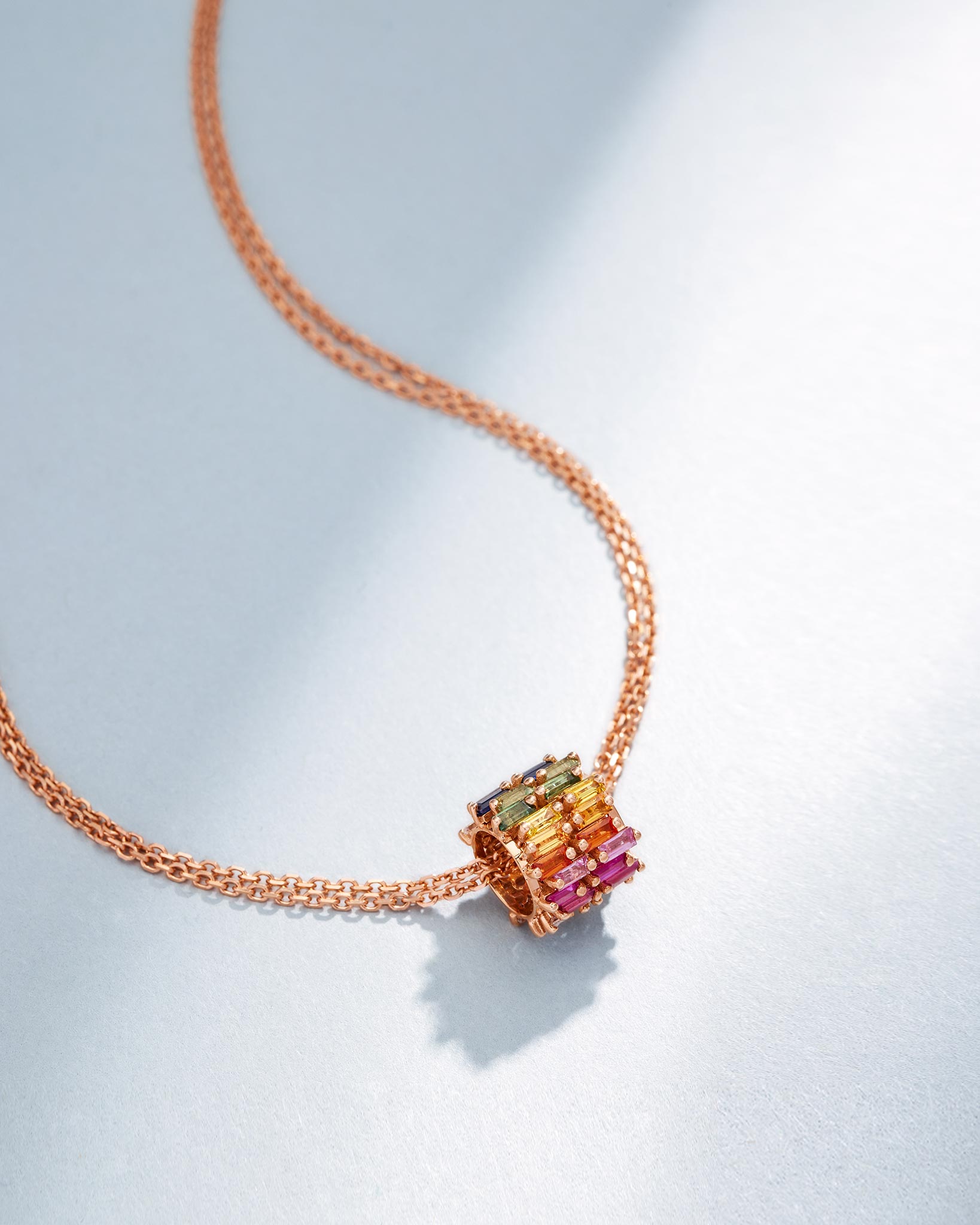 Suzanne Kalan Infinite Double Row Rainbow Sapphire & Diamond Rondelle Pendant in 18k rose gold