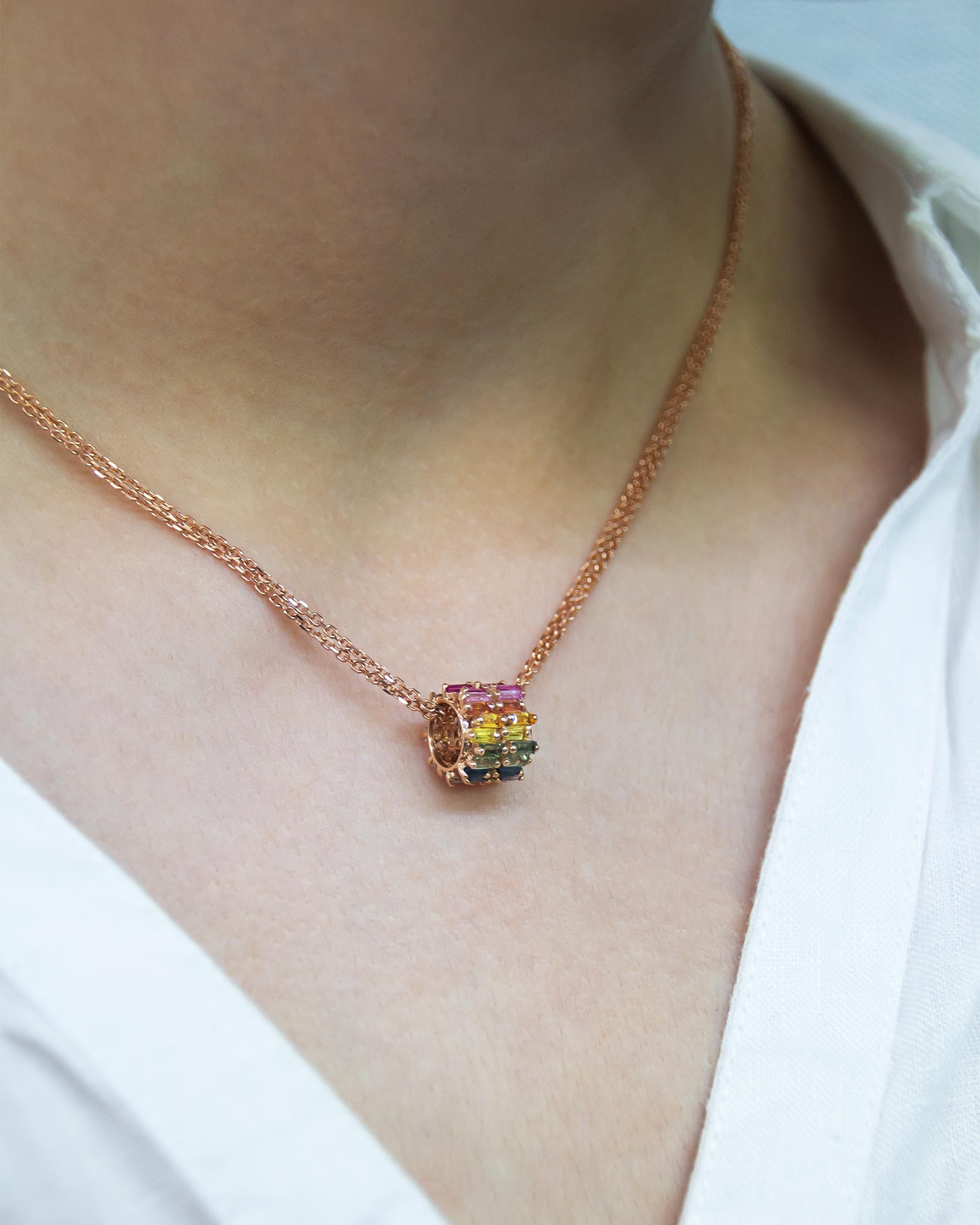 Suzanne Kalan Infinite Double Row Rainbow Sapphire & Diamond Rondelle Pendant in 18k rose gold