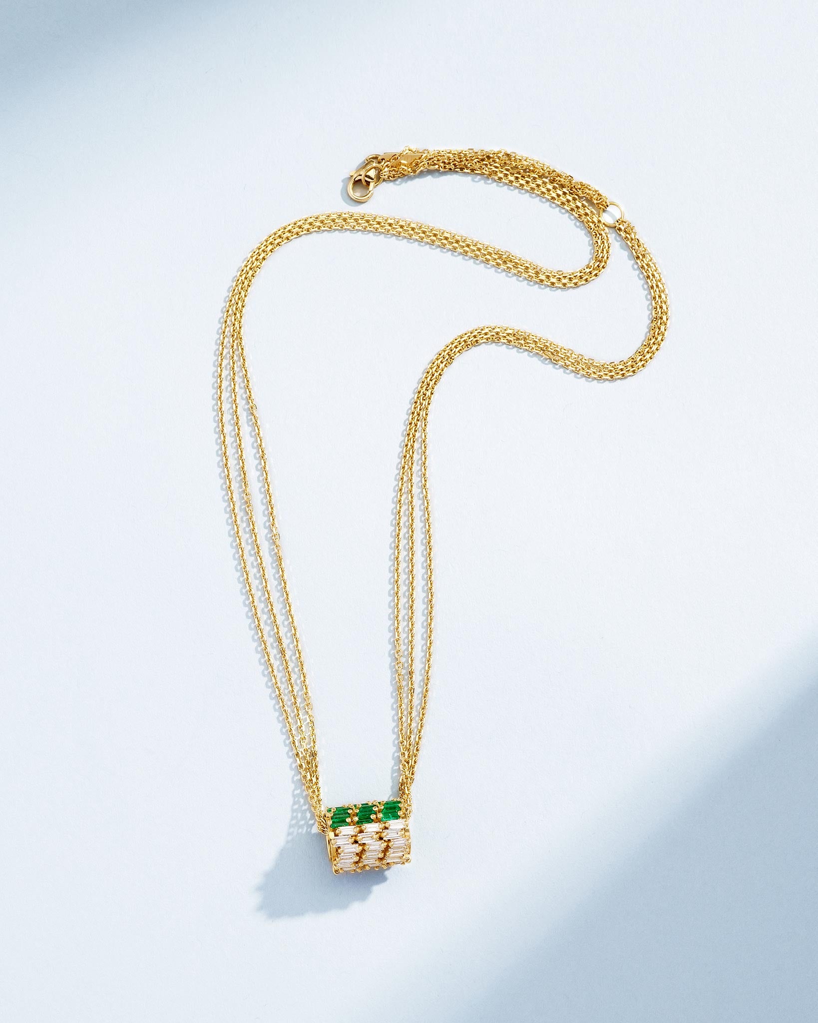 Suzanne Kalan Infinite Triple Row Emerald & Diamond Rondelle Pendant in 18k yellow gold