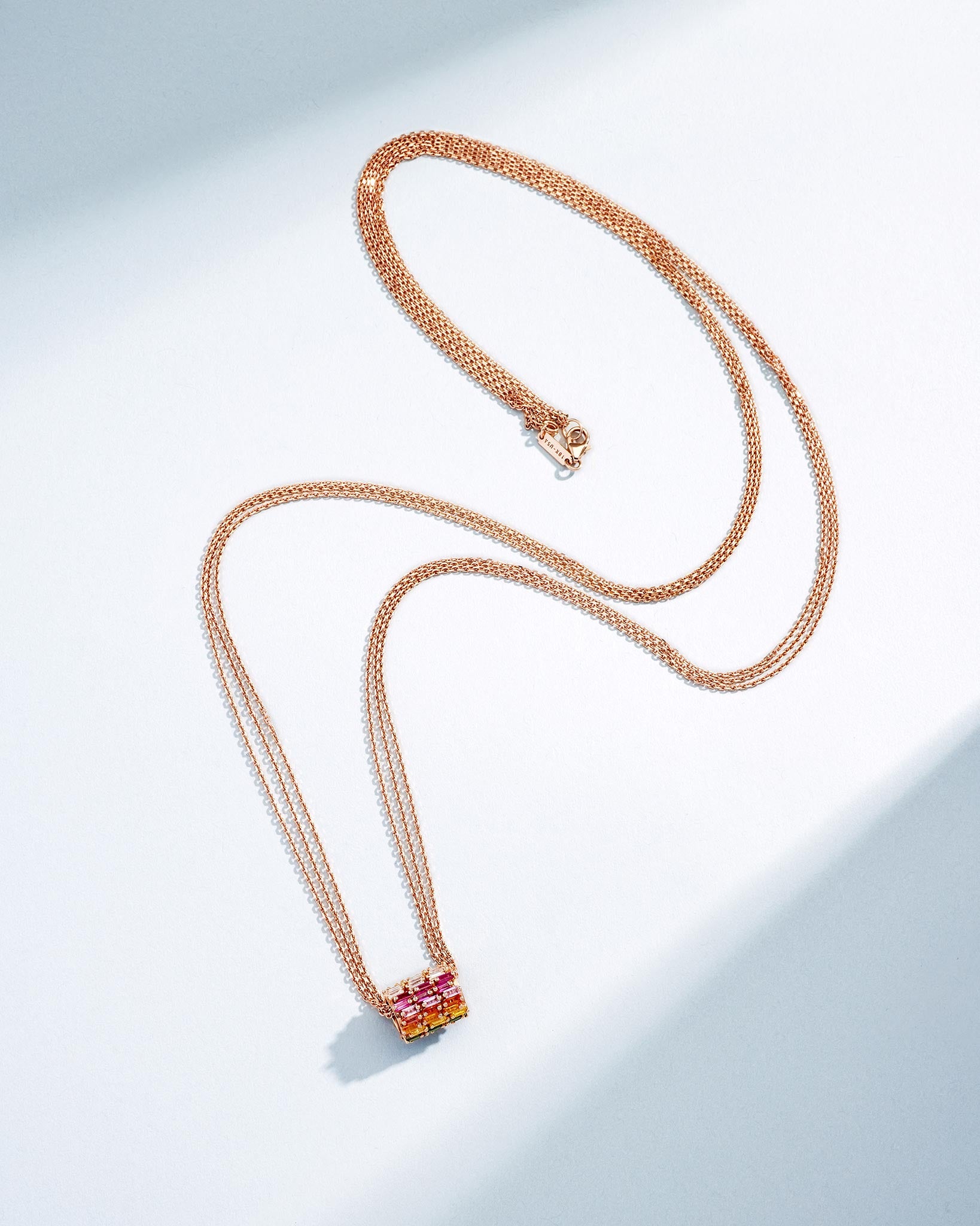 Suzanne Kalan Infinite Triple Row Rainbow Sapphire & Diamond Rondelle Pendant in 18k rose gold with 36" inch chain