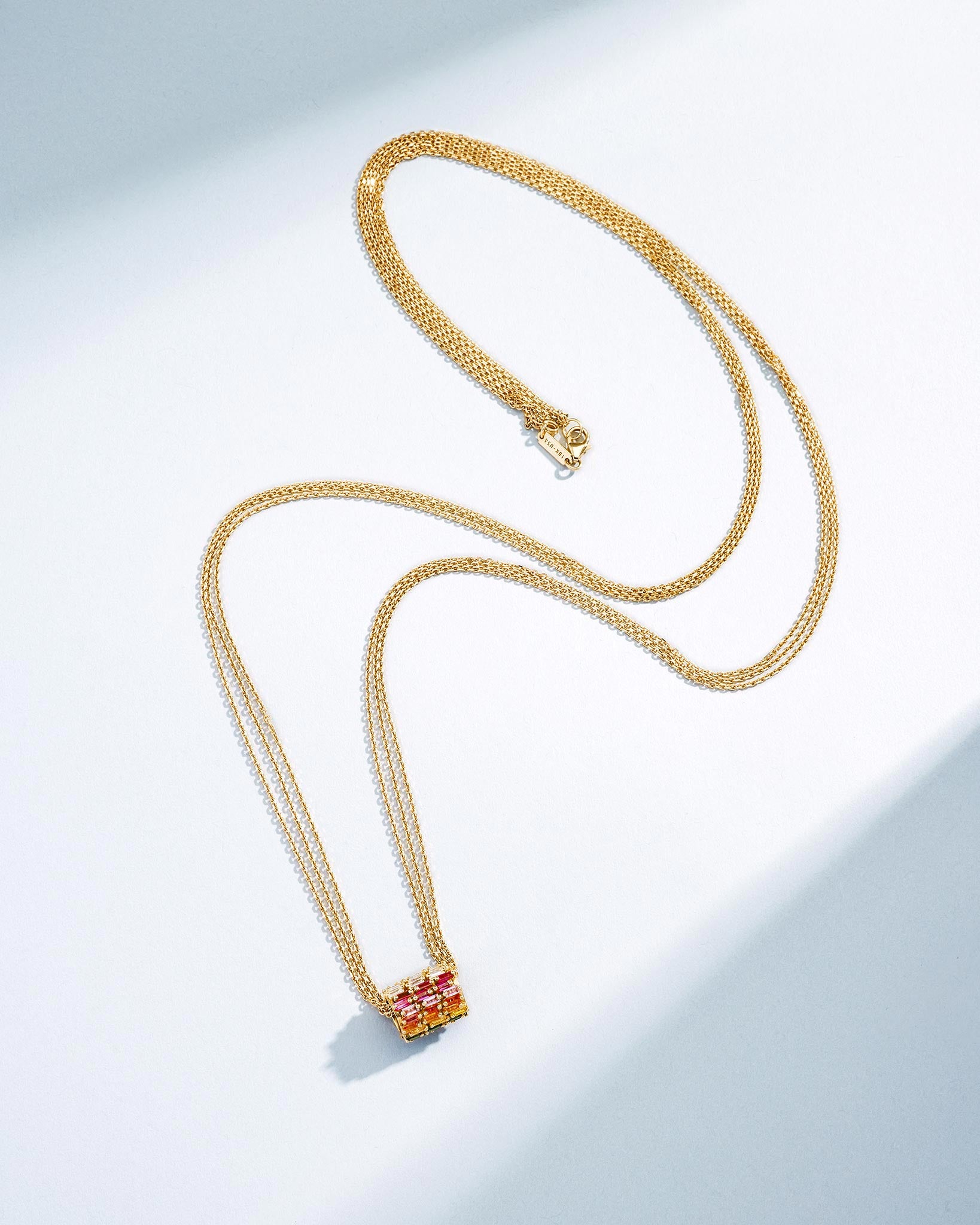 Suzanne Kalan Infinite Triple Row Rainbow Sapphire & Diamond Rondelle Pendant in 18k yellow gold with 36" inch chain