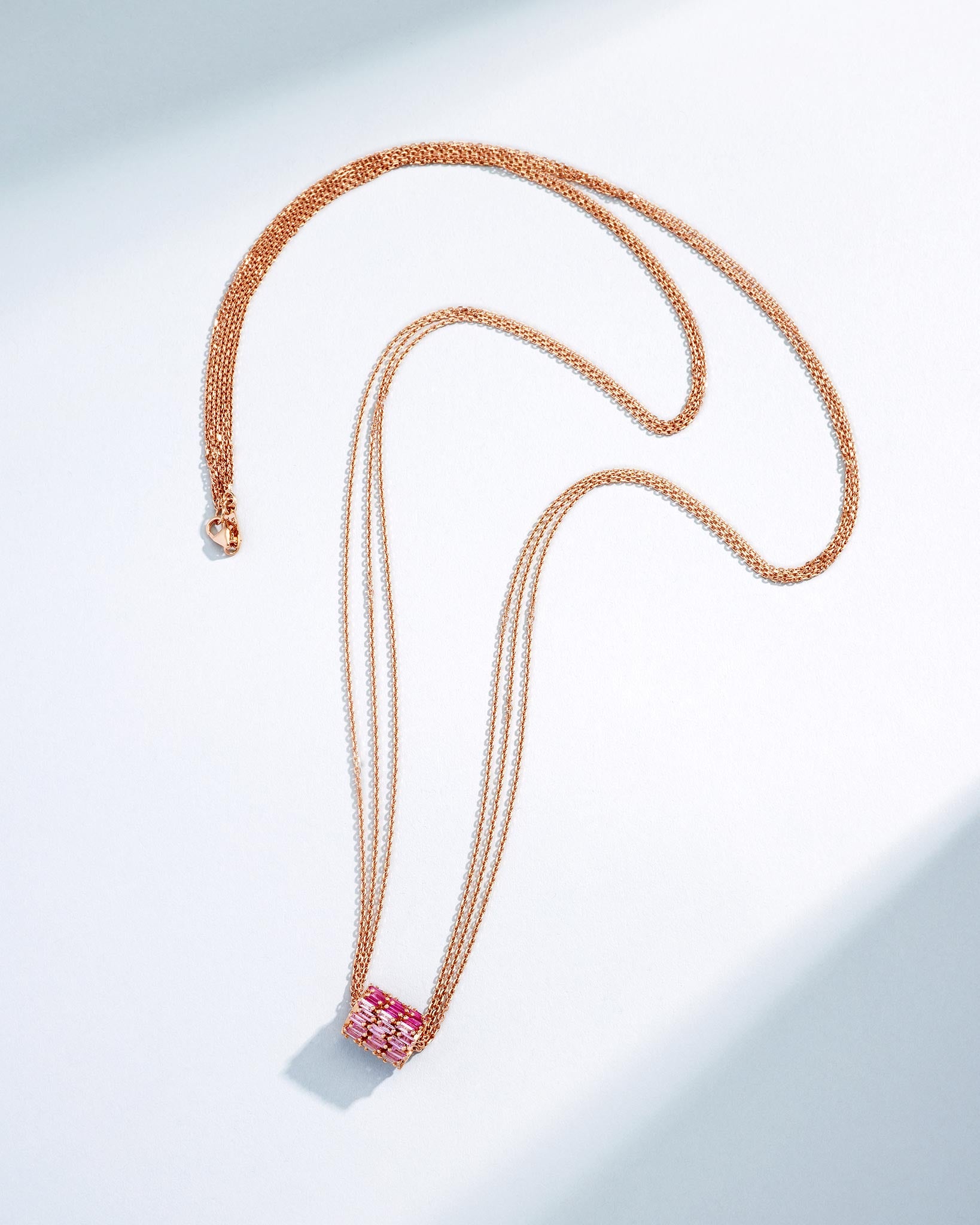 Suzanne Kalan Infinite Triple Row Pink Ombre Sapphire & Diamond Rondelle Pendant in 18k rose gold with 36" inch chain