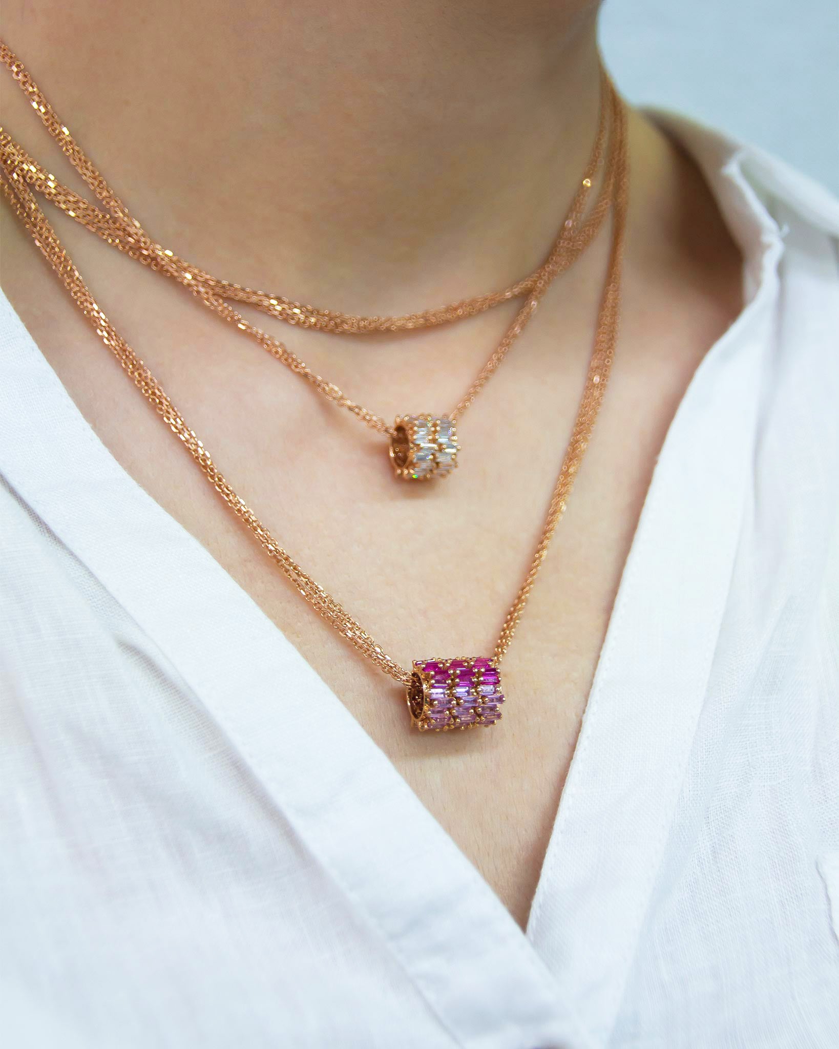 Suzanne Kalan Infinite Triple Row Pink Ombre Sapphire & Diamond Rondelle Pendant in 18k rose gold